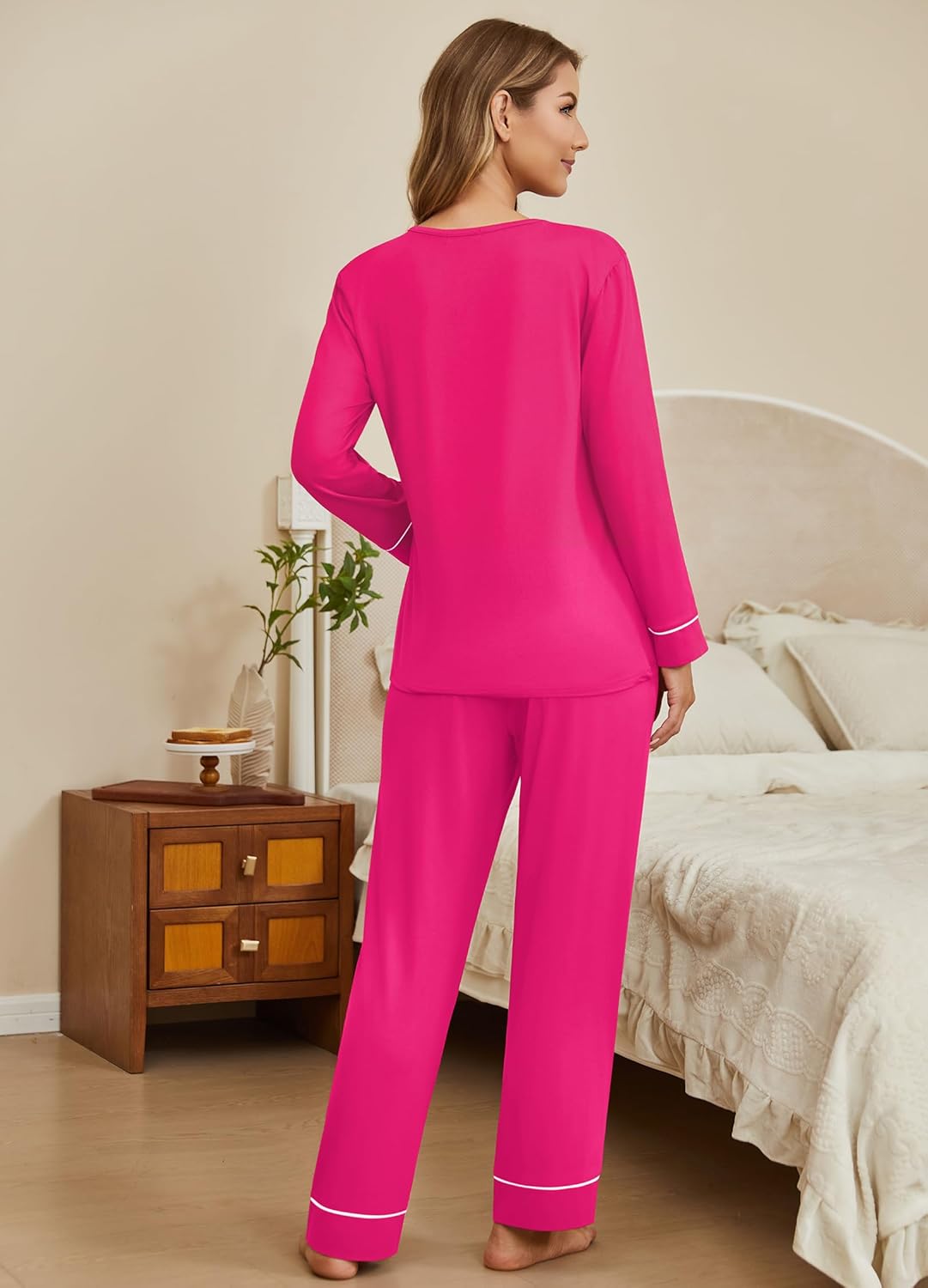 Ekouaer Women's Pajamas Sets 2 piece PJs V Neck Long Sleeve Sleepwear Comfy Pants Loungewear with Pocket - Image 3