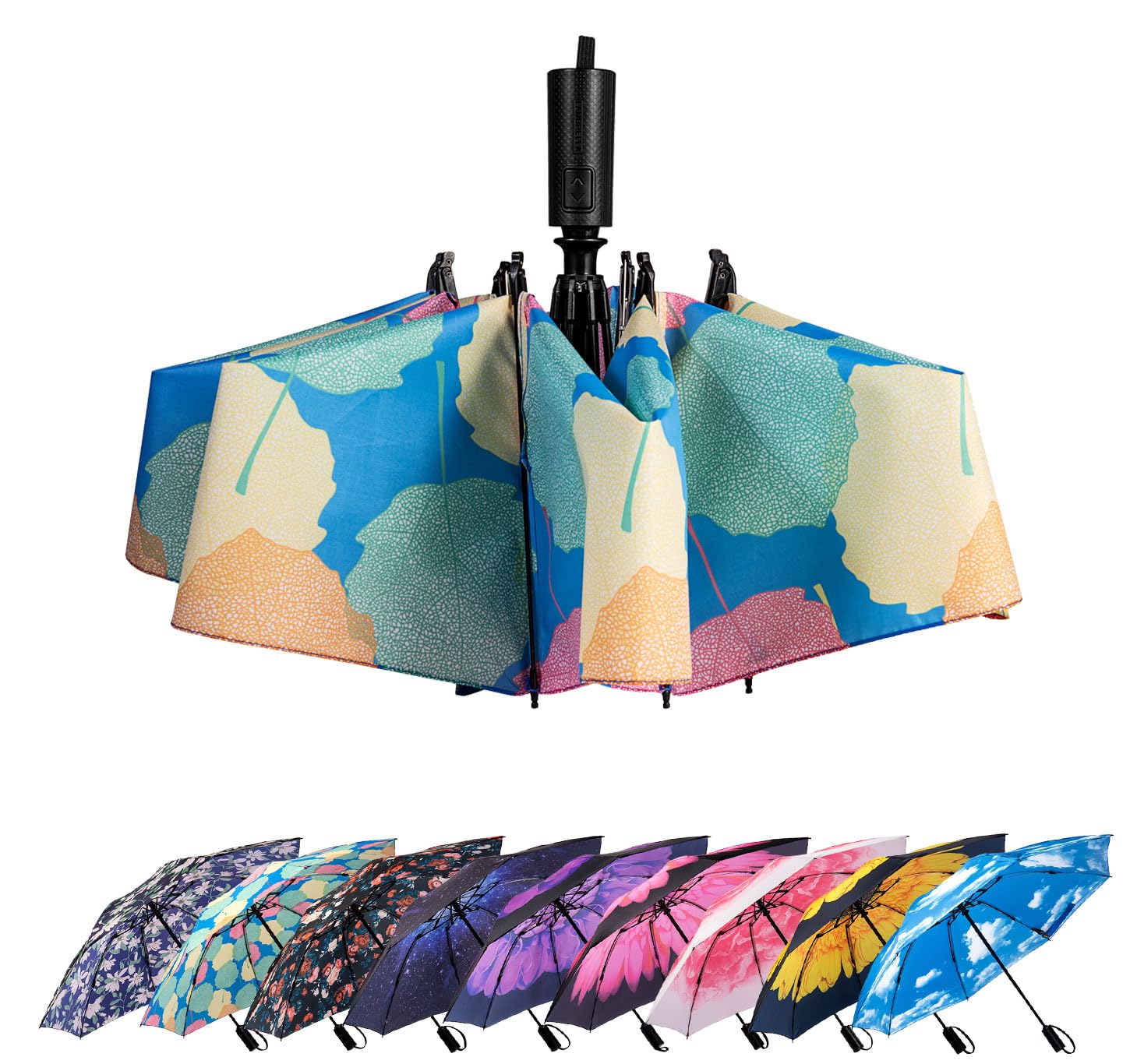 LANBRELLA Compact Reverse Folding Umbrella Auto Windproof Travel Umbrella, T2.2-Maple Leaf, 46 INCH, Compact