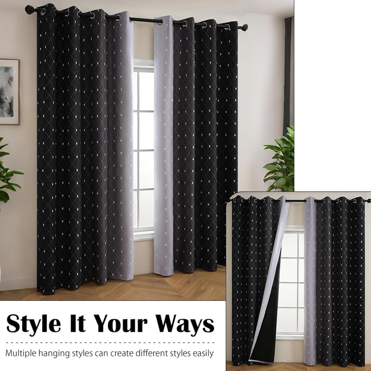 Black to Gray Ombre Blackout Curtains 84 Inches Long - Gradient Greyish Whiteish Curtains for Living Room Decor - Energy Saving Darkening Curtains for Bedroom - 52x84 Inch (2 Panels)