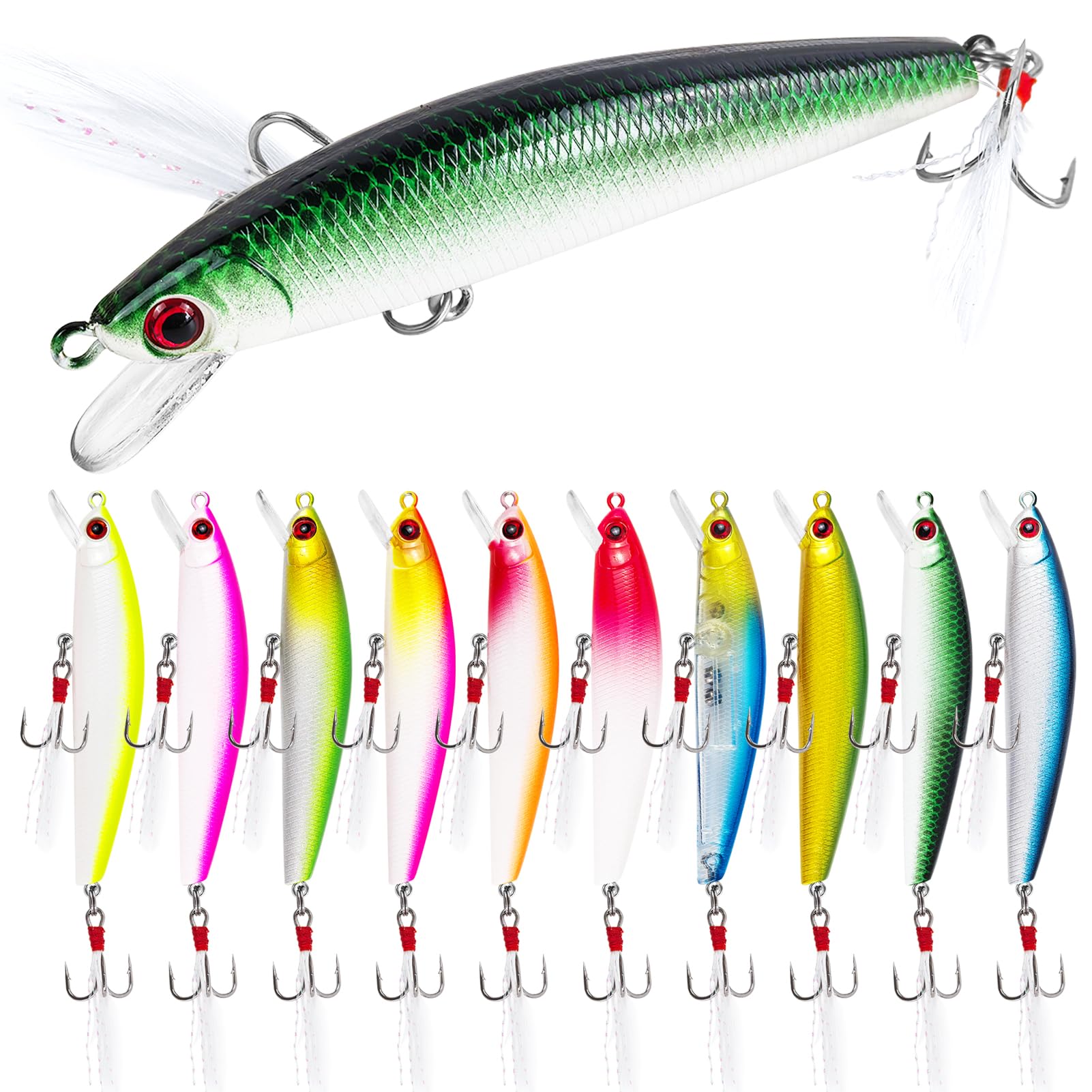 Amazon.com : FREE FISHER 10Pcs Fishing Lures Minnow Bass Lure Jerkbait Topwater Hard Baits with Double Treble Hooks Flasher Feathers for Bass Trout Walleye Redfish Saltwater Freshwater 3.4in/0.3oz : Sports & Outdoors