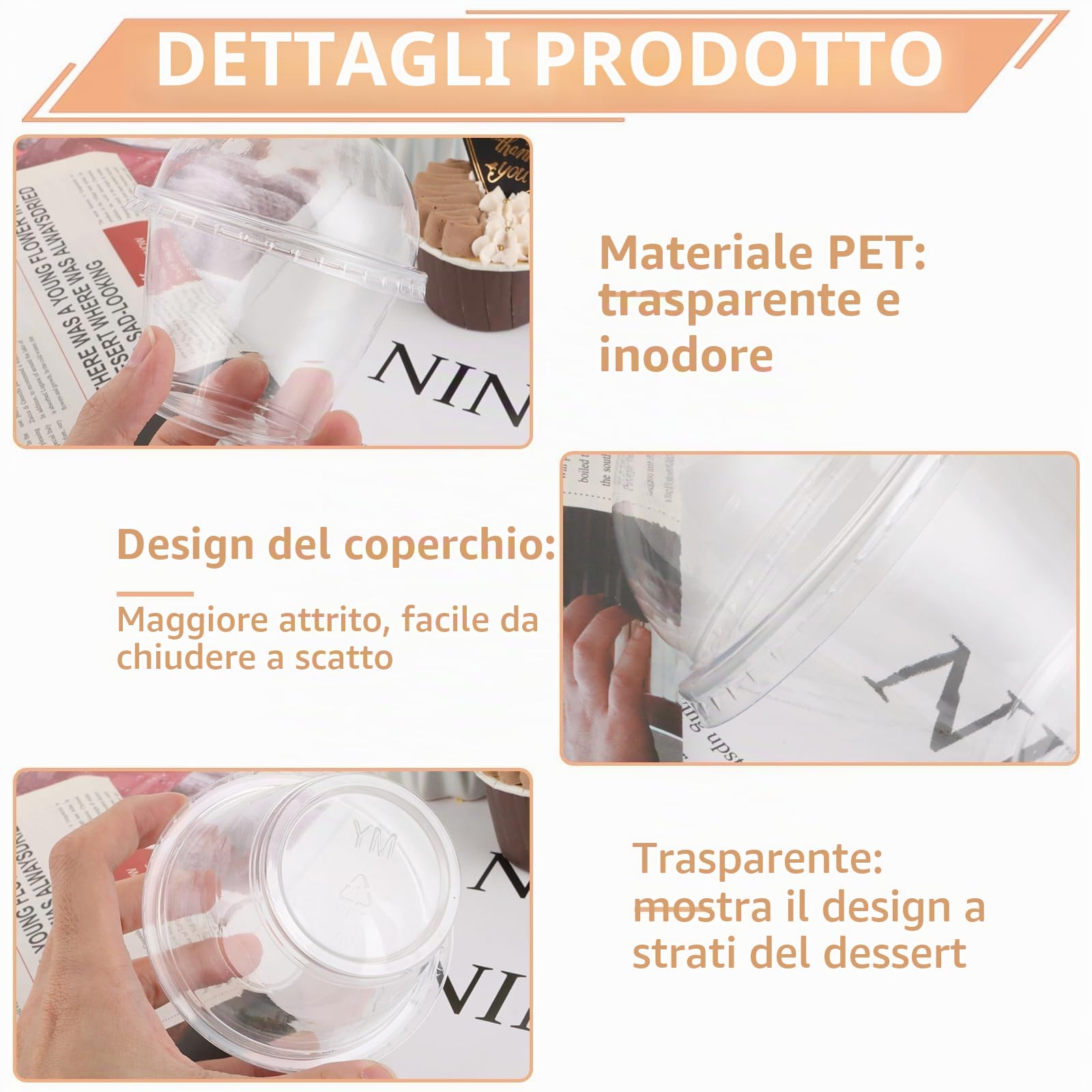 MIVIDE 100 bicchieri da dessert con coperchio e cucchiaio, 180 ml/6 oz in plastica, riutilizzabili, con coperchio per mousse, budini, gelati, feste di dessert, matrimoni