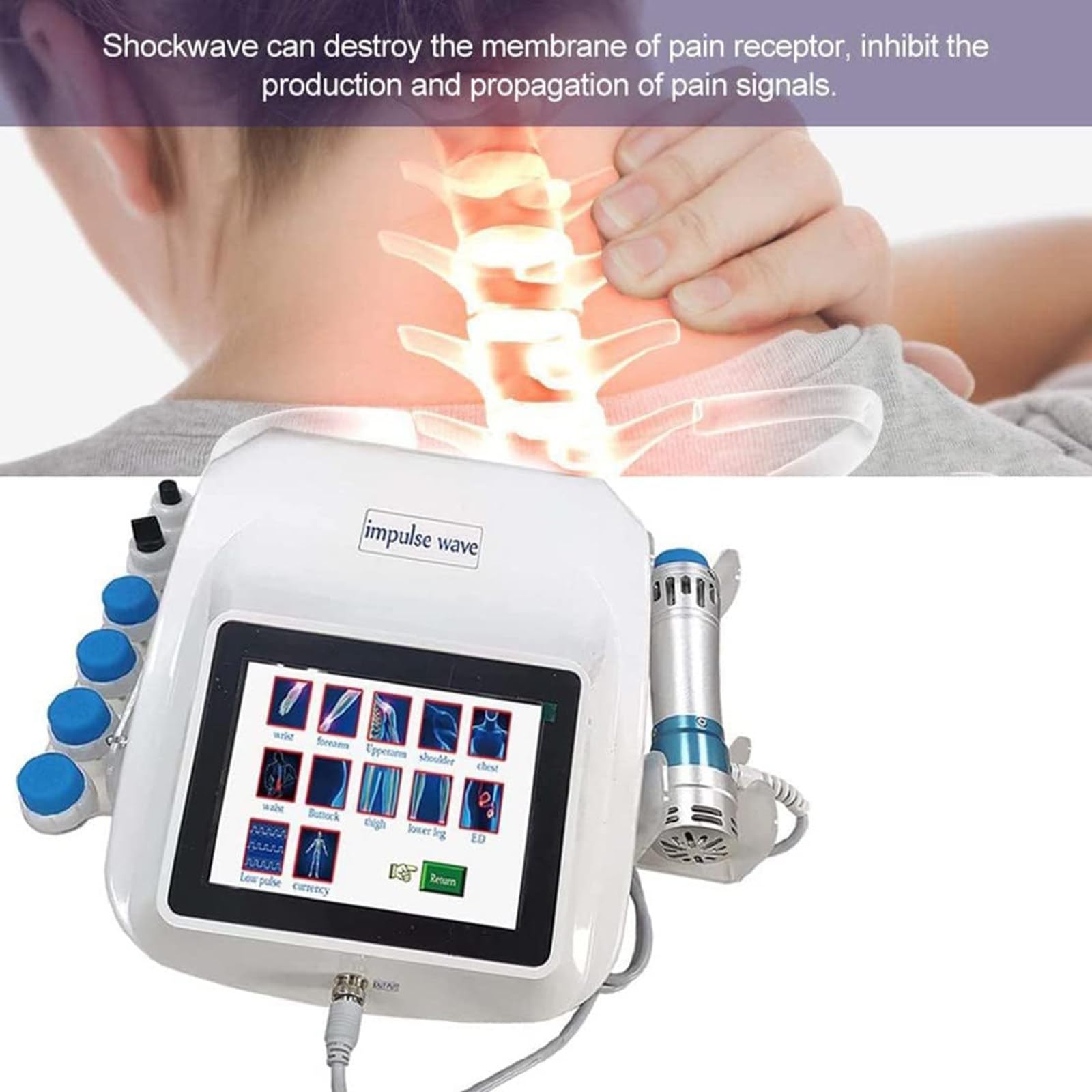 Macchina per Terapia ad Onde d'urto extracorporea, Macchina per Terapia ad Onde d'urto ED con 5 testine massaggianti, Strumento Multifunzione per Fisioterapia stimolatore Muscolare