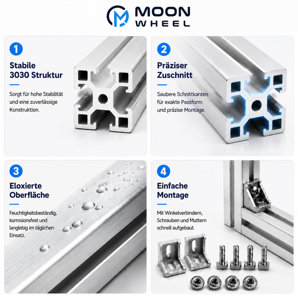 Moon Wheel Aluprofil 30x30mm Set Nut 8 Profil 2 Stück 1000 mm inkl. Zubehör, Eloxiertes Aluminium Konstruktionsprofil, DIY, 3D-Drucker, CNC