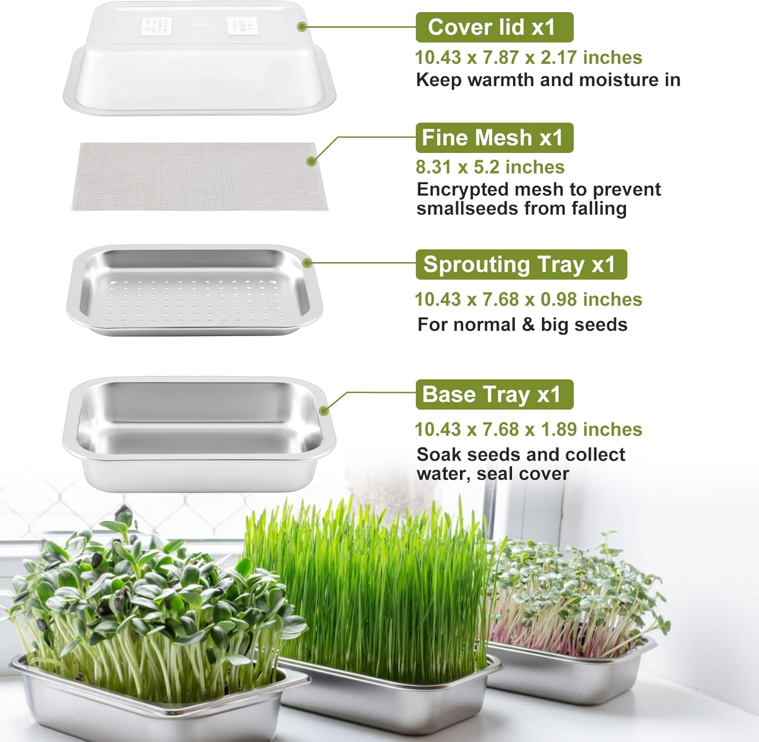 1 Pack Seed Sprouting Kit with Lid, 10.4 Inch Stainless Steel Soilless Culture Germination Tray, Microgreens Growing Kit, Encrypted Mesh Seed Starter Tray for Beans Alfalfa Broccoli Wheat Grass