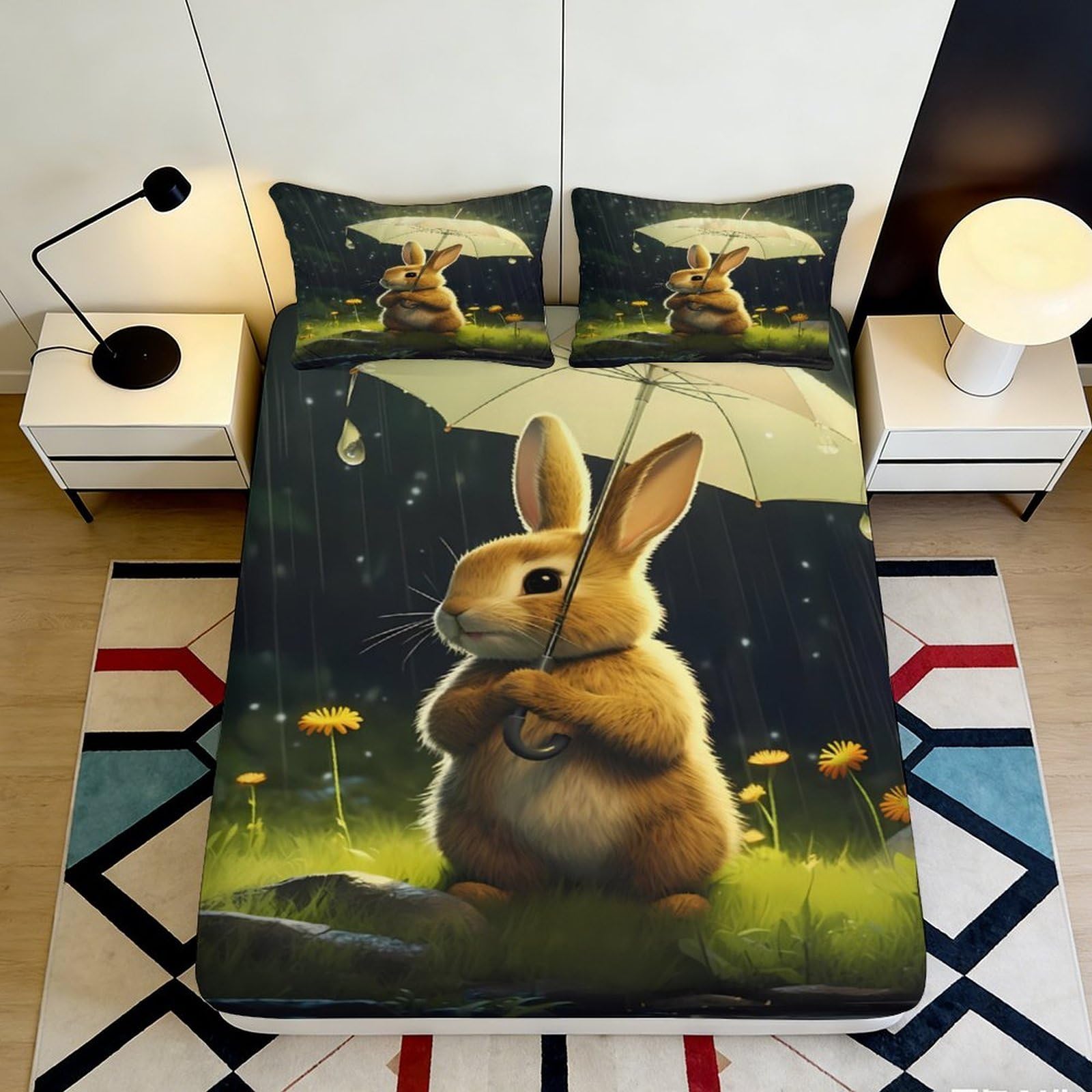 3D Printed Bunny in Rain Fitted Sheet Microfiber Soft Breathable Dandelion Field Mattress Cover for Bedroom Dorm Decor 90x200x25cm