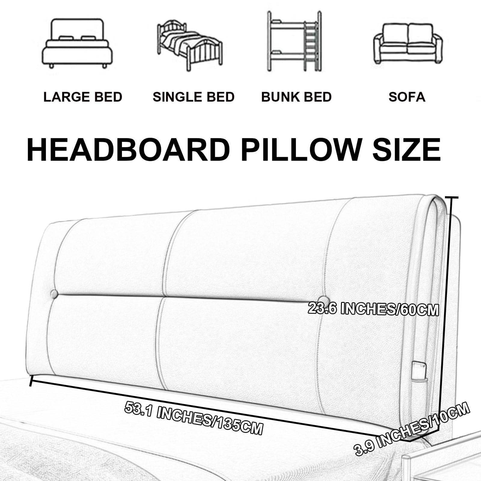 Cabecero grande de color caqui con correas para cama, cabecero de pared de 53 x 23 x 4 pulgadas, cojín rectangular de apoyo lumbar con funda extraíble para sofá, cama, litera