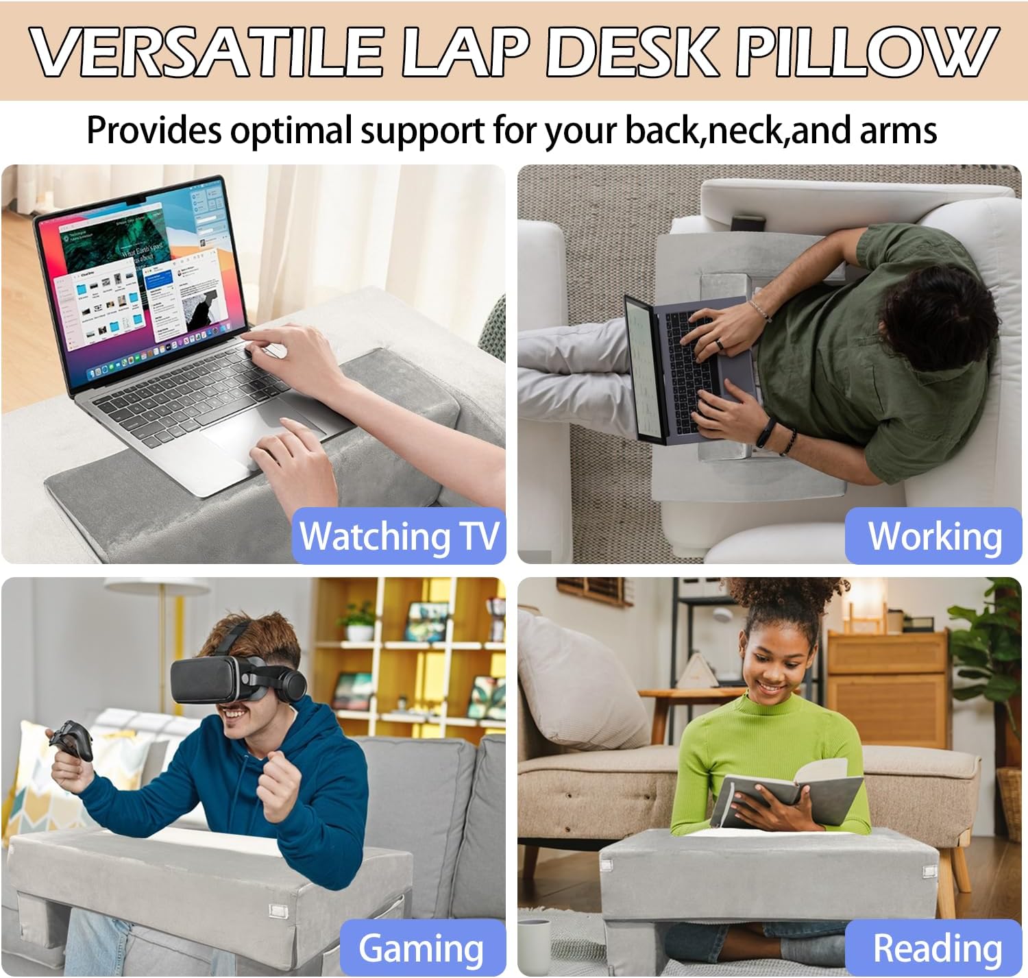 Reading Pillow with Cup Holder & Pocket, Foldable Lap Desk Gaming Pillow for Adults, Ergonomic Arm Rest Support for Reading, Working, Knitting in Bed, Couch, Floor, Machine Washable