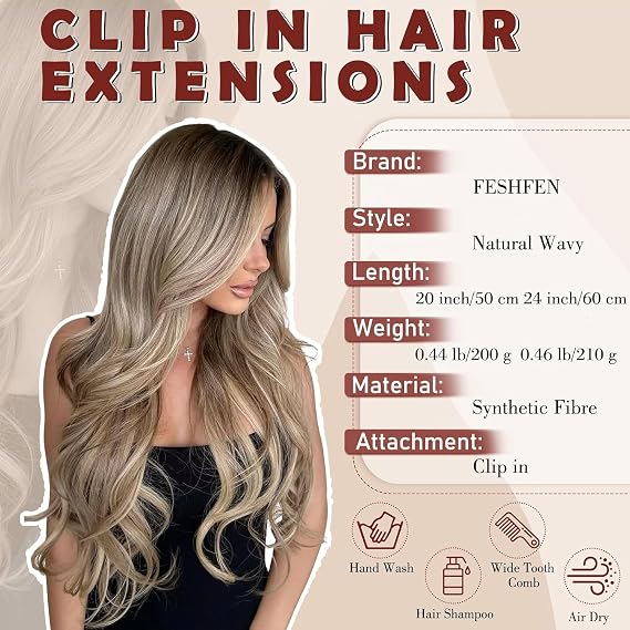 FESHFEN Clip in Hair Extensions for Women - 4 Pcs Thick Double Weft Long Wavy Soft Synthetic Blends Well Hair Extension, 20 inch Dirty Blonde