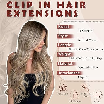 FESHFEN Clip in Hair Extensions for Women - 4 Pcs Thick Double Weft Long Wavy Soft Synthetic Blends Well Hair Extension, 20 inch Dirty Blonde