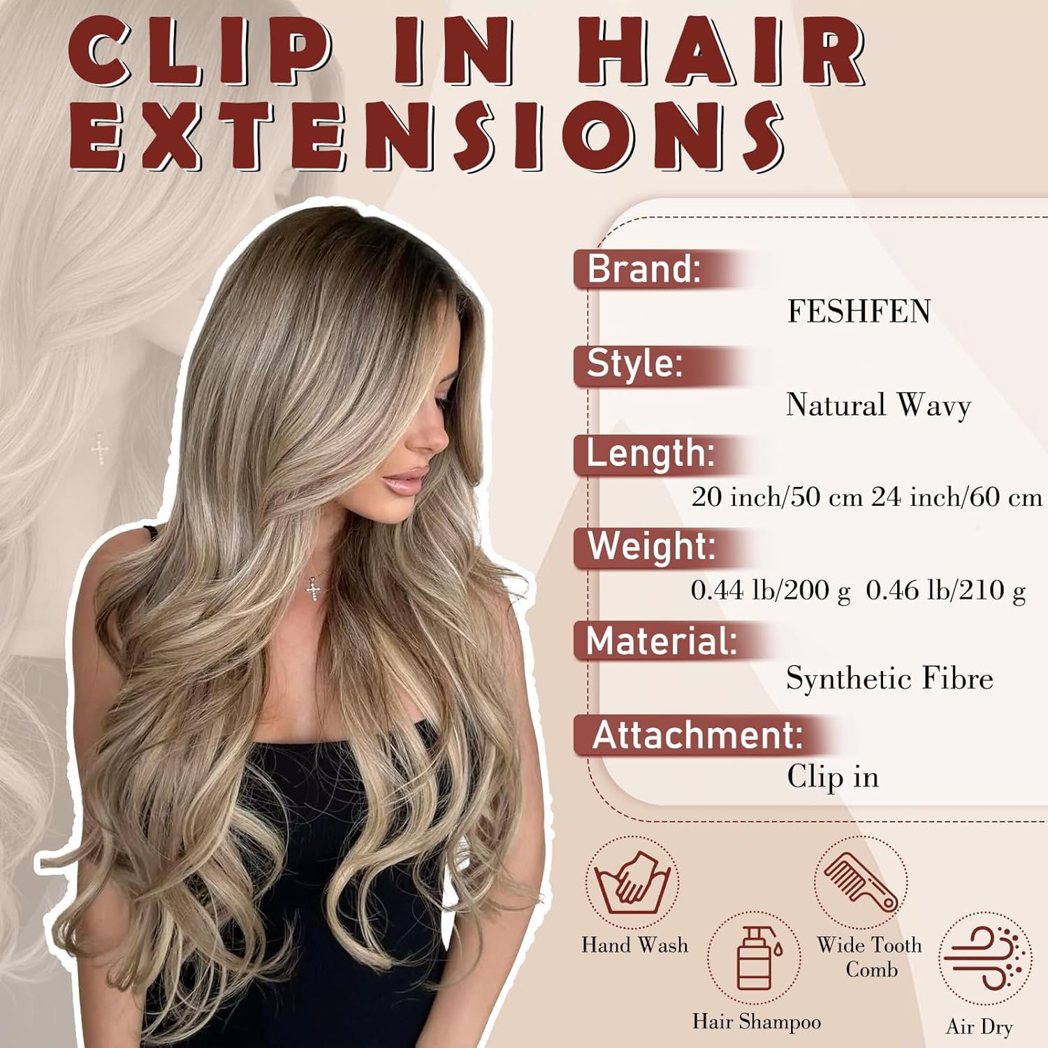 FESHFEN Clip in Extensions, 50cm 4 Stücke Lange Gewellte Hair Extensions Kunsthaar Natürliche 4PCs Synthetik Clip in Haarverlängerung für Frauen, Goldblond Highlights