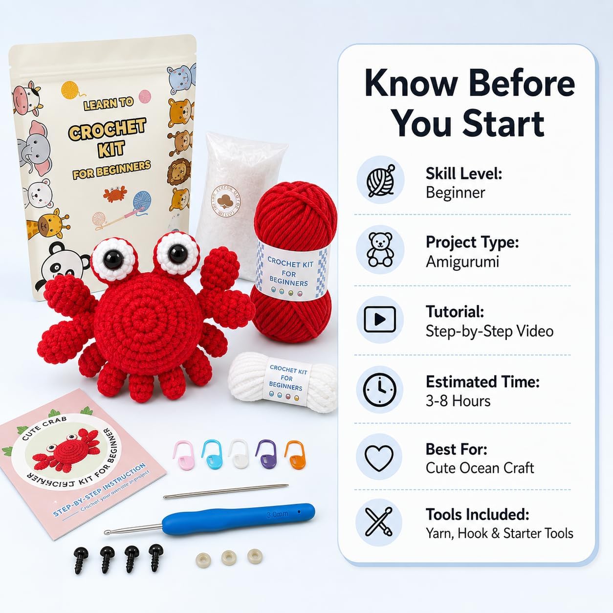 Kovarela Crab Crochet Kit for Beginners, Easy Amigurumi Starter Kit with Step-by-Step Video Tutorials, Yarn, Hook, Stuffing and Tools, Cute DIY Craft Gift for Kids and Adults