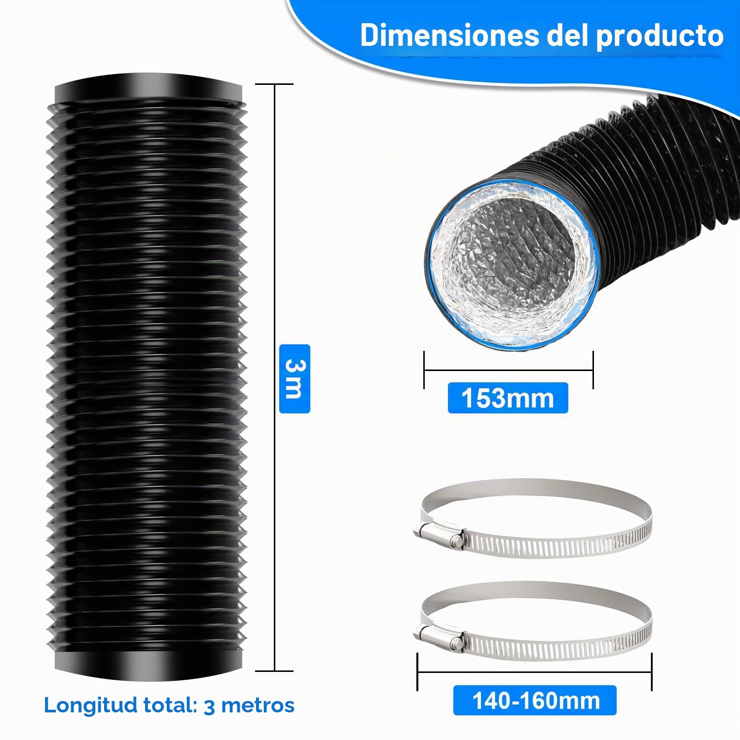 Manguera de Ventilación 153 mm, 3 m Manguera de Escape de Aluminio con 2 Abrazaderas Acero, PVC Conductos de Ventilación para Extractores, Climatizadores, Secadoras, Campanas Extractoras, Negro