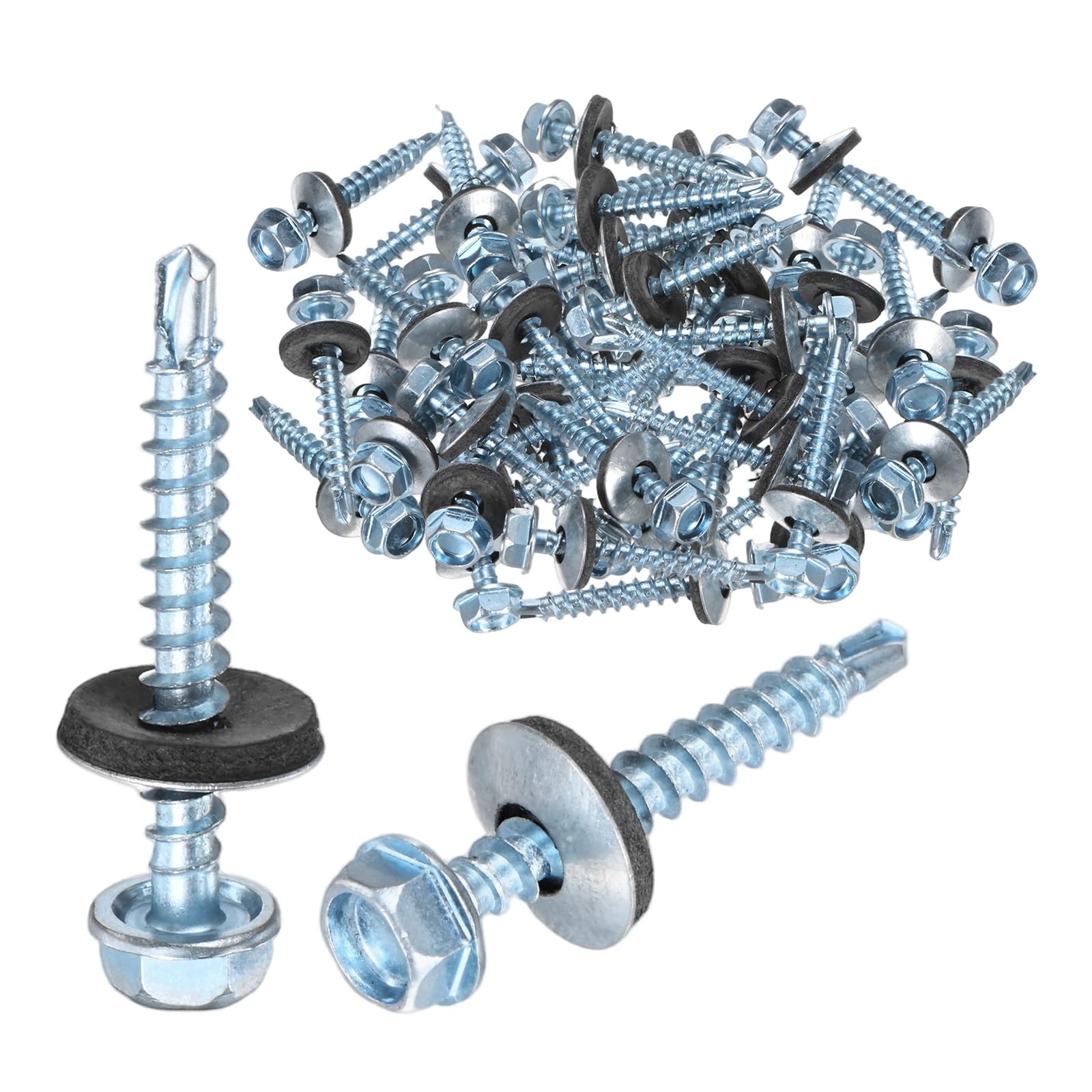 M METERXITY 50-Pack Self Drilling Screws with Rubber Washer ST4.8 x 38mm Zinc Plated Carbon Steel Hex Head Self-Tapping Screws for Metal Roofing/Siding Panels/Steel Structures