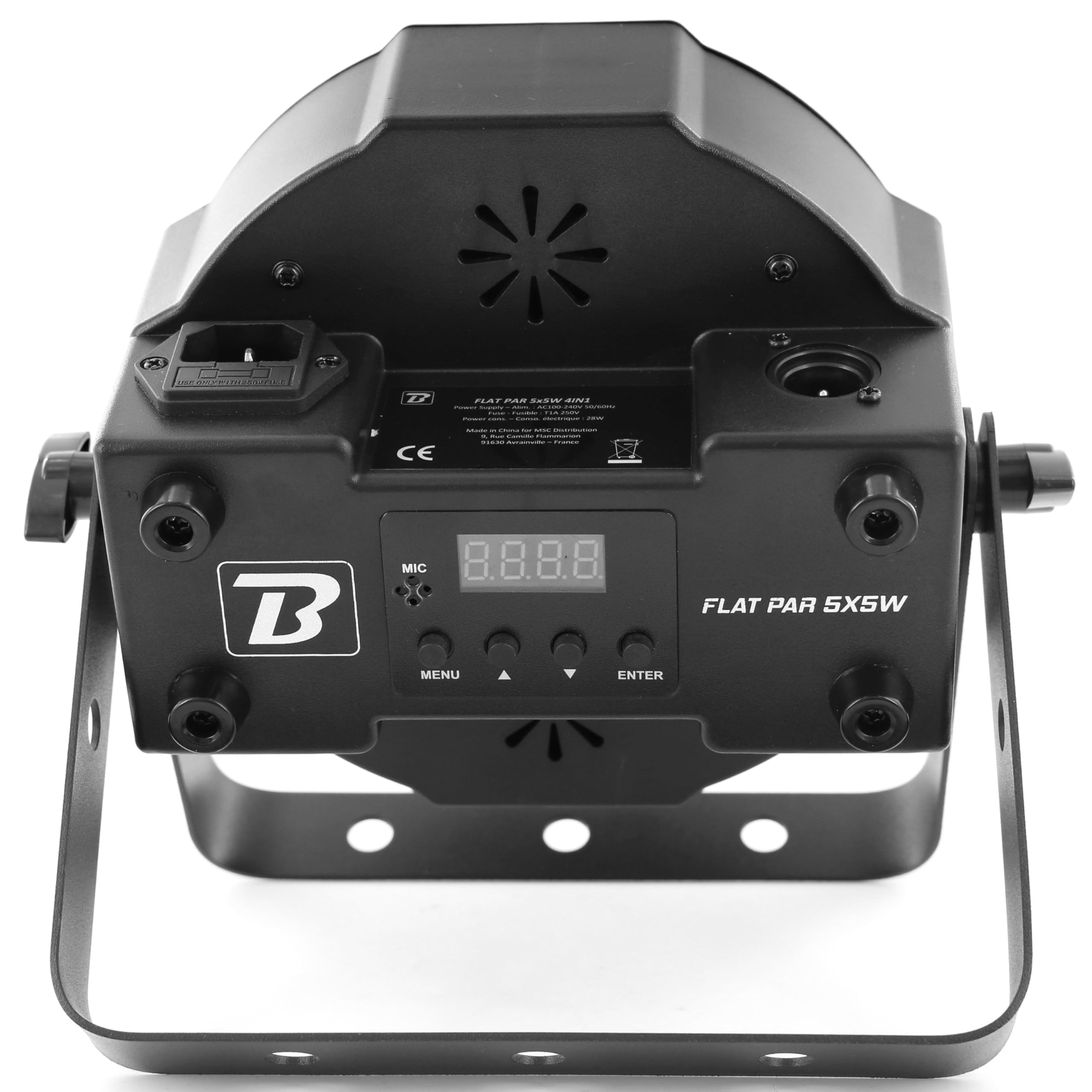 BoomToneDJ FlatPAR 5X5W 4in1 RGB-UV Projecteur LED multicolore avec DMX 512. Modes automatique, détection musicale. Télécommande IR incluse. Link alimentation. Eclairage de scène, soirées Clubs, DJ.