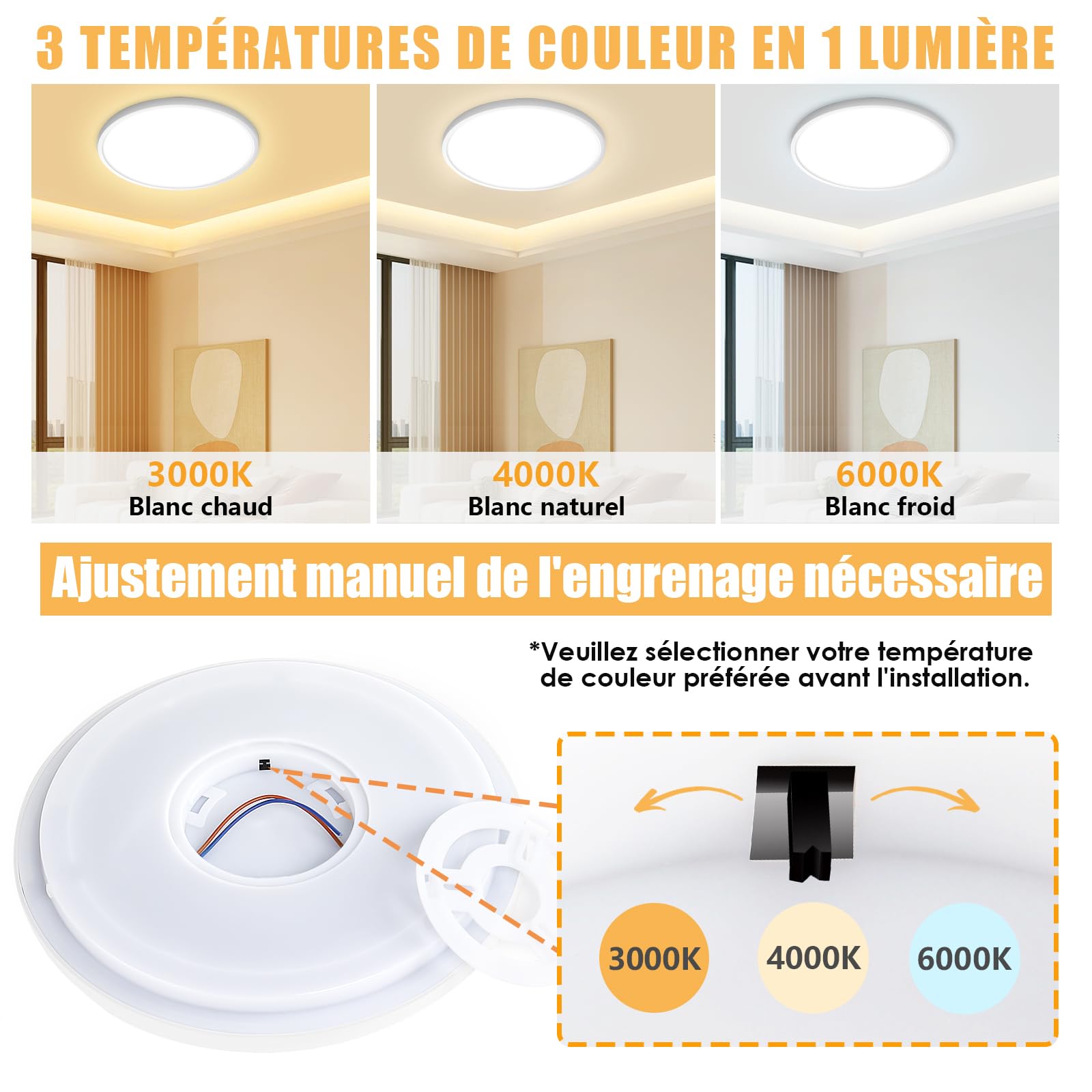 Yexati 40CM Plafonnier LED 36W 3200LM 6000K,4000K,3000K, IP54 Etanche Plafonnier Salle De Bain, Lampe de Plafond Rond,