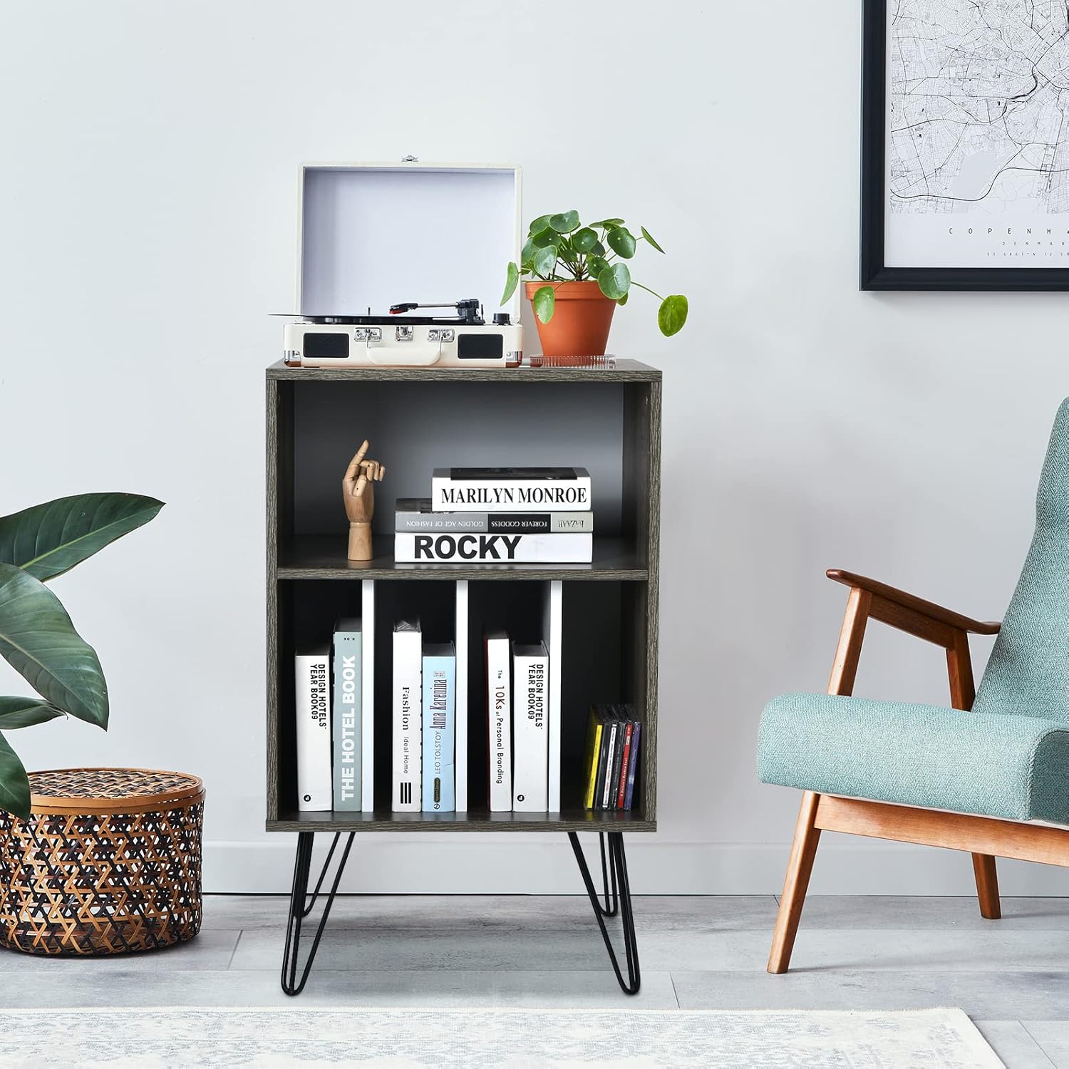 Tangkula Record Player Stand, Turntable Stand with Metal Legs, Vinyl Record Storage Cabinet w/ 5 Open Shelves Holds up to 150 Albums for Living Room Bedroom, Vintage End Table, 21 x 18 x34 in (Grey)