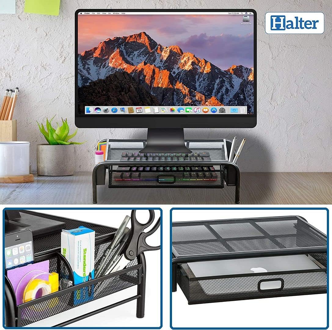Halter Mesh Monitor Stand, Computer Desk Riser Shelf, Pull Out Drawer with Handle, Desk Organizer with Side Compartments, (2 Pack, Black)