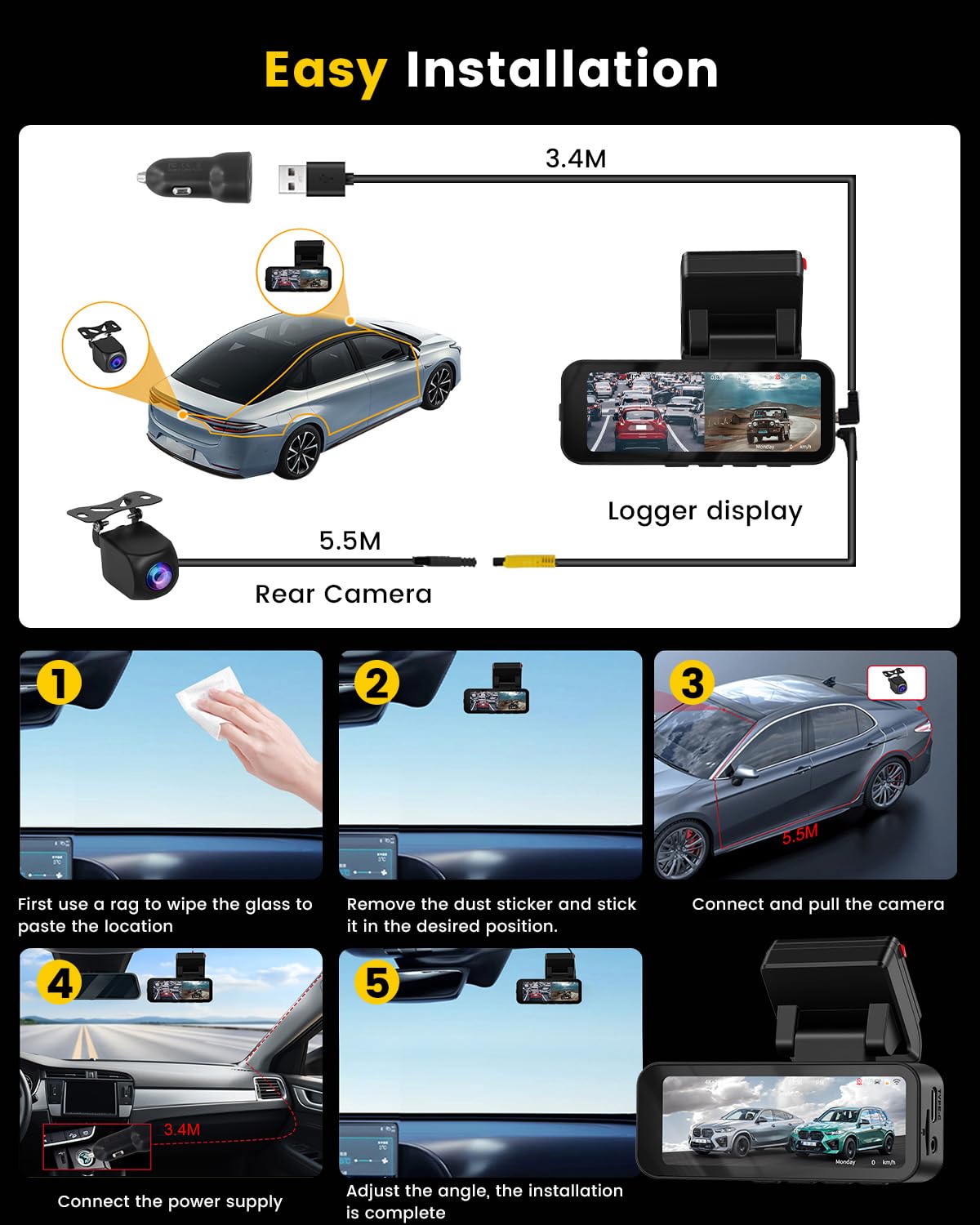 Hikity Doppia Dashcam Auto 4K+2K UHD con Scheda SD 64GB | Touchscreen da 3.16", Angolo Ampio di 150°, G-Sensor, Visione Notturna, ADAS, Monitor di Parcheggio e Registrazione in Loop