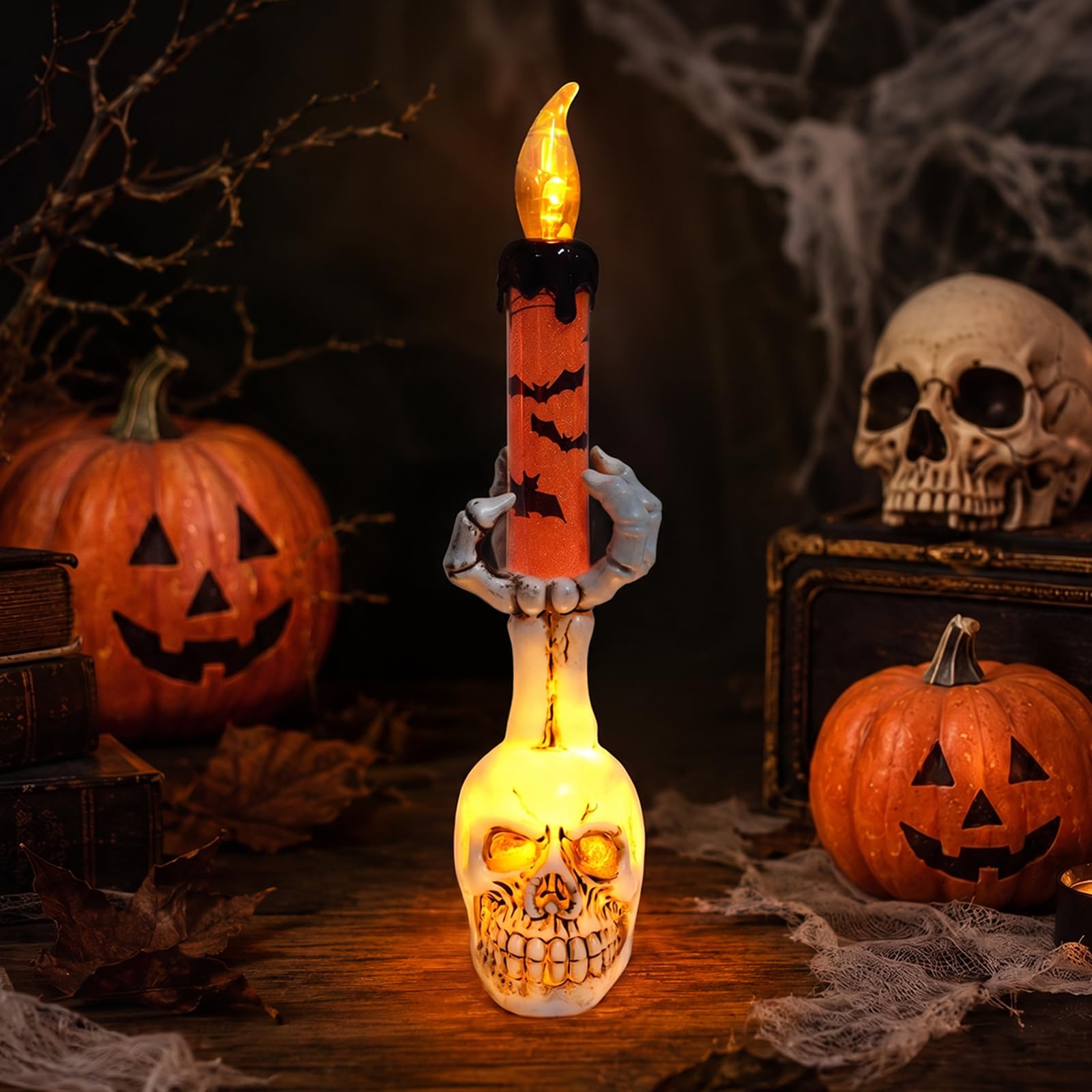 Poeruse Skull Halloween Candle Lights, Halloween LED Candle Hand Lamps, for Spooky Halloween Party Decor (C)