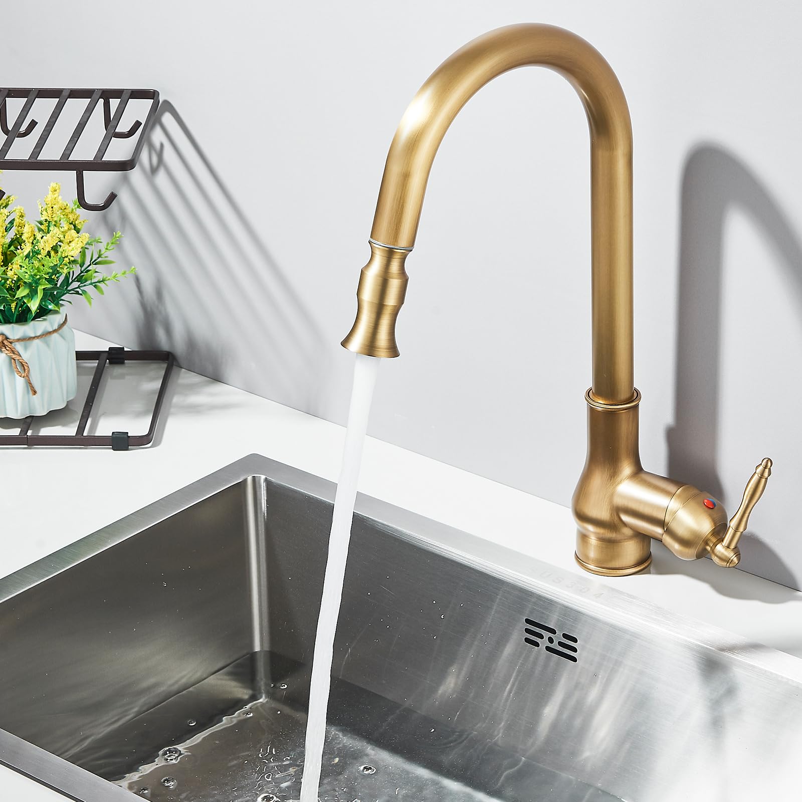 Rubinetto da Cucina in Ottone Antico Stile Retro, Miscelatore da Cucina con Doccetta Estraibile, Girevole a 360°, Monocomando con Funzione Spruzzo per Cucina