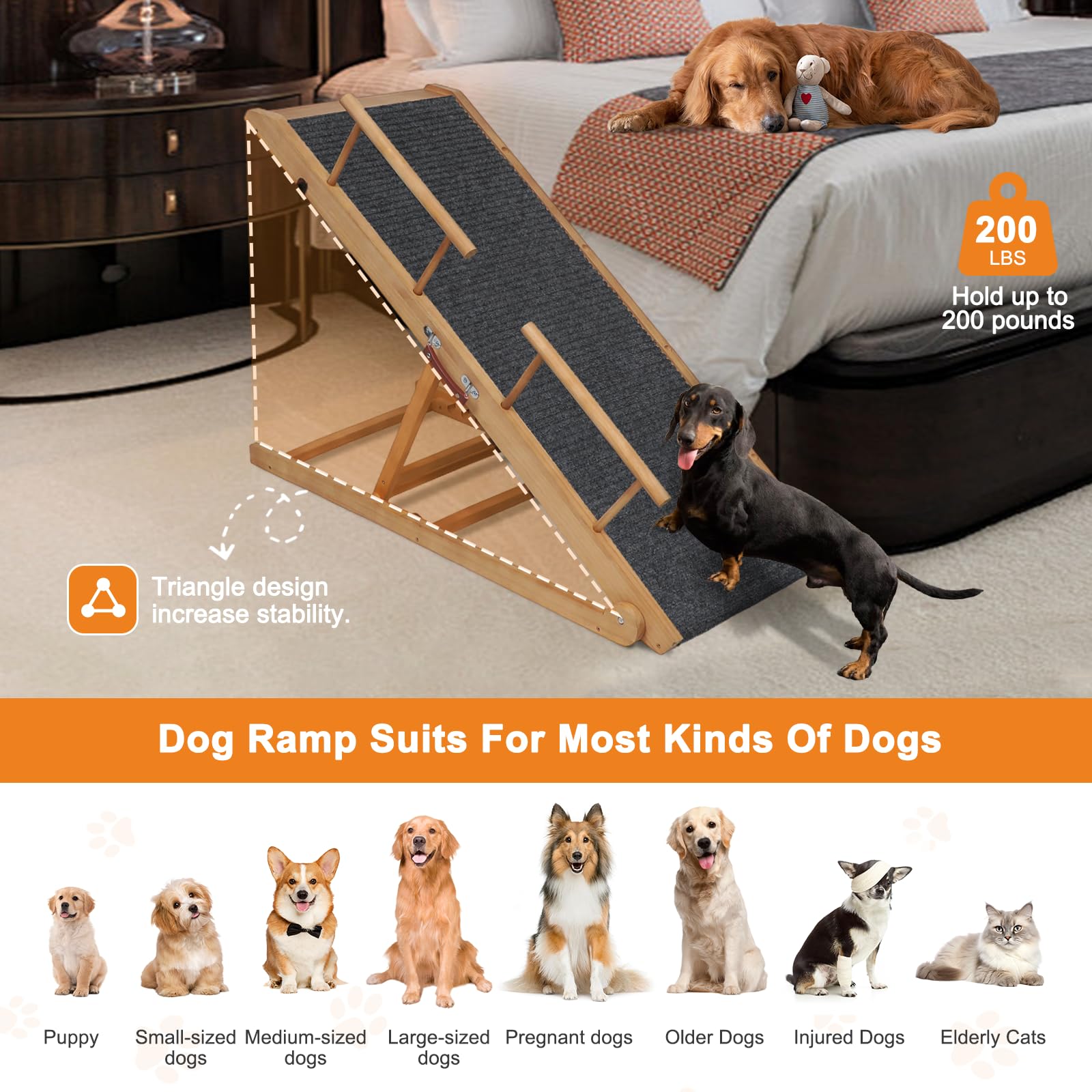 Höhenverstellbare Hunderampe für Bett, Couch, extra breit, 45 cm, tragbare Haustierrampe aus Holz, rutschfeste Hunderampe, 6 verstellbare Höhen für kleine, mittelgroße und große Hunde (Traglast 75 kg)