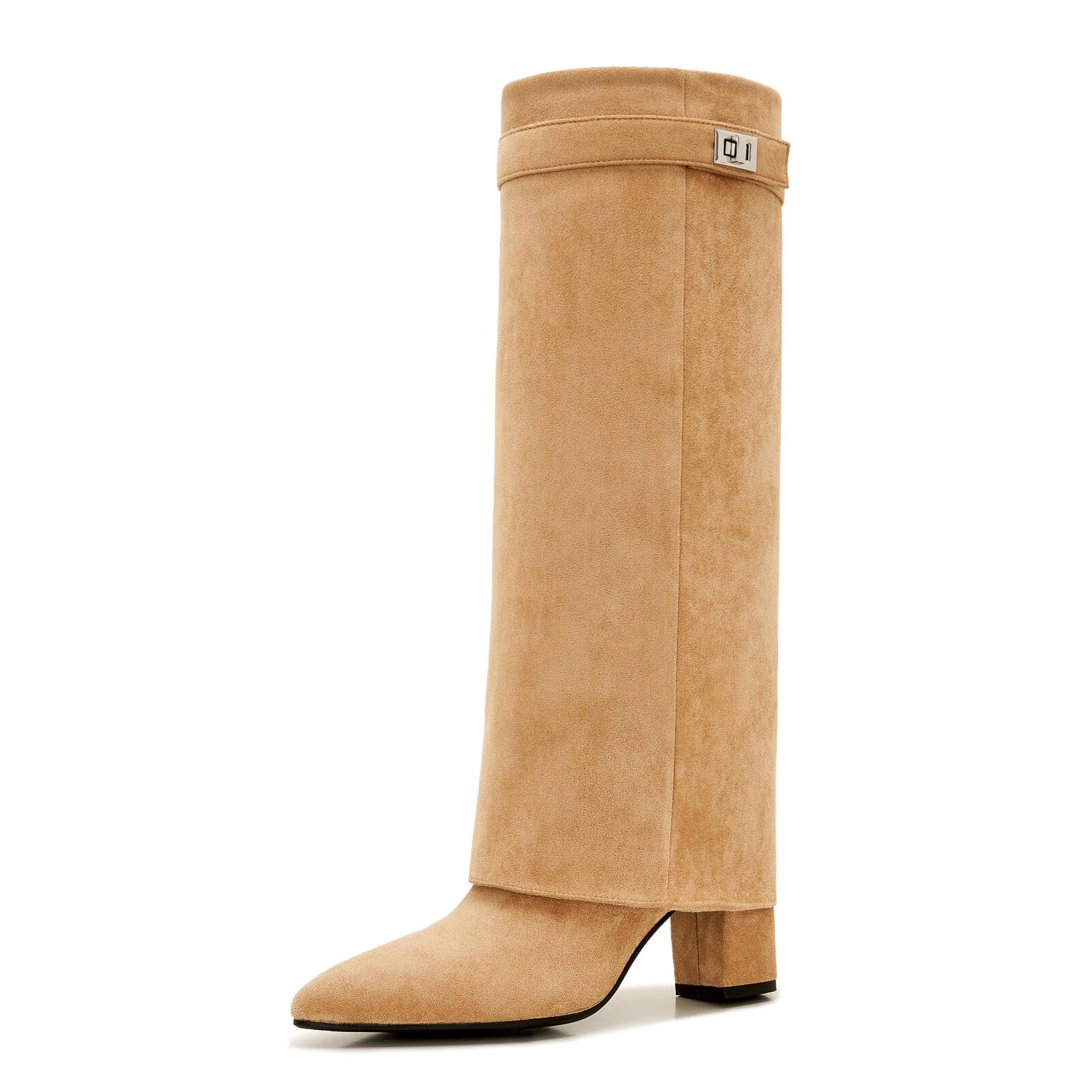 Womens Shark Boots Suede Fold Over Knee High Boots Pointed Toe Block Heel Fashion Boots