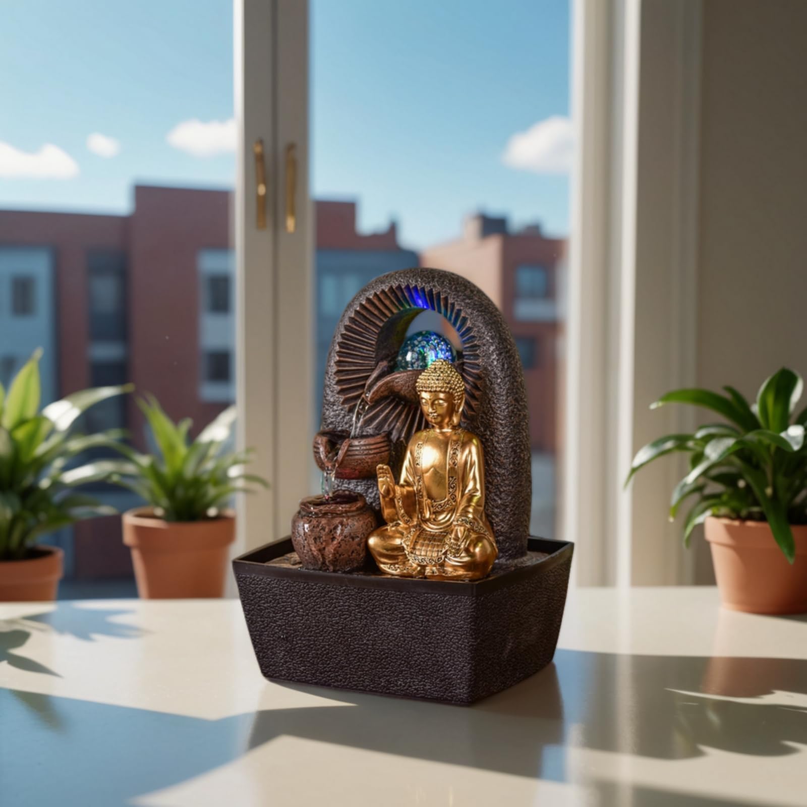Fontana Buddha Bhava – Fontana interna Buddha rimovibile – Regali – Oggetto decorativo Zen Buddismo – Fontana da tavolo Luce LED – Circuito chiuso – Marrone e Dorato – H 26 cm – Zen'Light