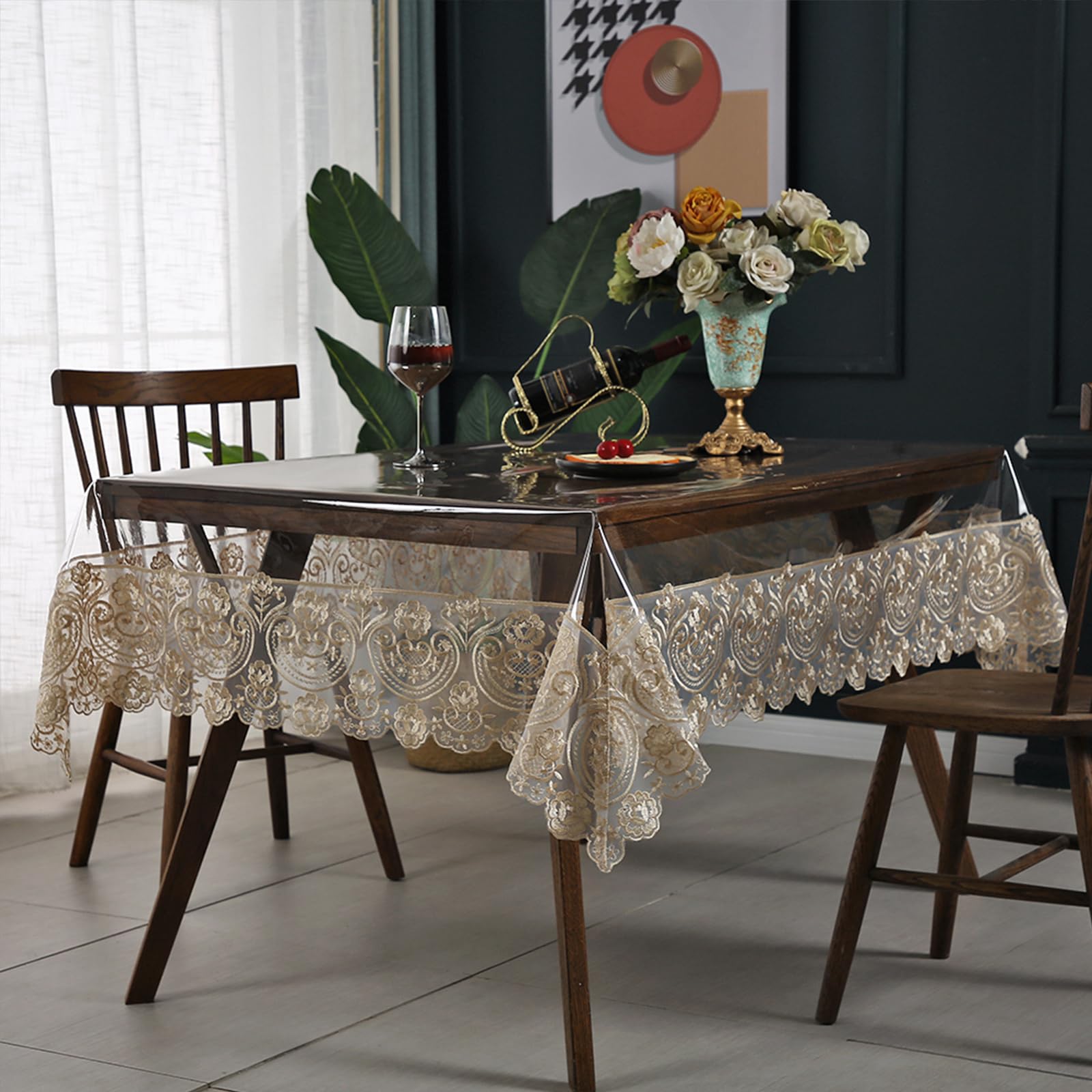 Qubjus Mantel de plástico transparente, impermeable, rectangular, de vinilo, con encaje bordado, para comedor, cocina, bufé, banquetes, fiestas (60 x 98 pulgadas, café)