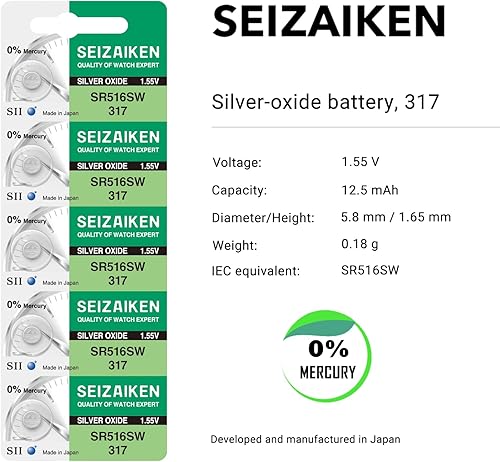 Miniatura 2 de Seizaiken 317 SR516SW - Batería de reloj de óxido plateado de 1.55 V 0% Hg (2 baterías) fabricada en Japón por Seiko