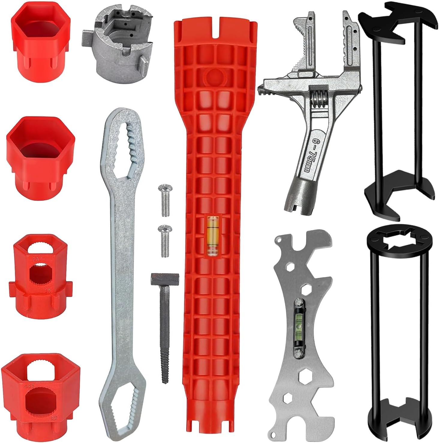 Basin Wrench Set, 6-Piece Sink Faucet Installation Tool Kit, 8-in-1 Adjustable Plumbing Spanner with Wide Jaw, 10-70mm Range