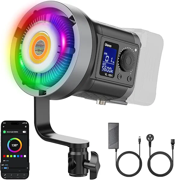 ULANZI RGB Video Light - 120W COB LED Video Light Photography Continuous Output Lighting with Adapter and APP Control, 2700K-6500K 27000lux/m 20 Scenes Bowens Mount for Studio Video Recording, Filming