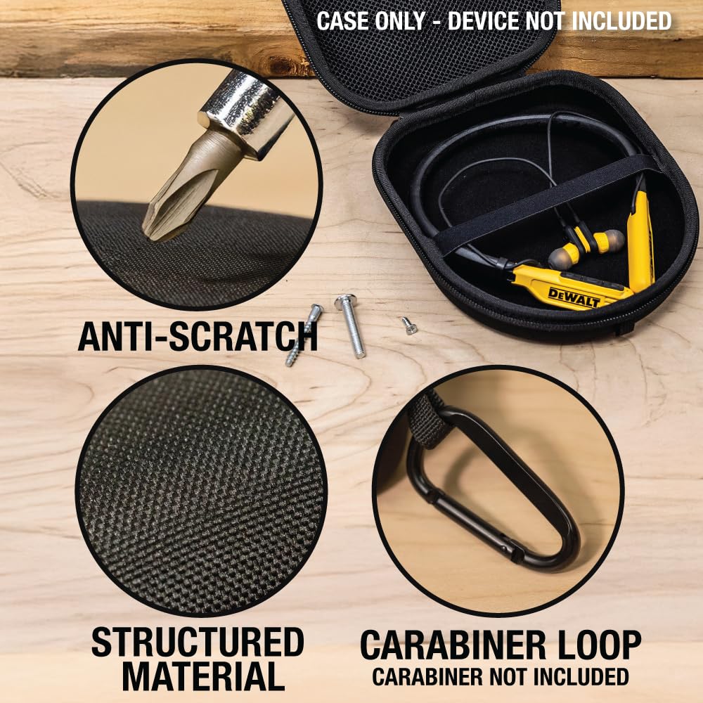 DEWALT Custodia protettiva per auricolari con archetto da collo, compatta e leggera, con custodia rigida in EVA, antiurto, impermeabile, interno morbido e tasca per accessori