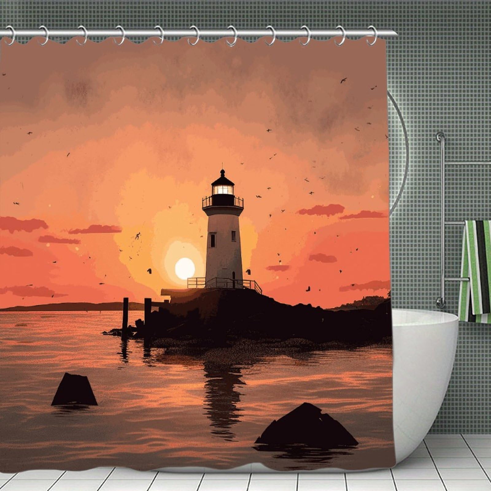 FekiLoot Lighthouse Sunrise Shower Curtain Thick Weighted Shower Curtain Classic Unique Bath Curtains Heavy Duty Long Showers Curtains for Bathroom Bath Tubs Machine Wash 70.8"x70.8"