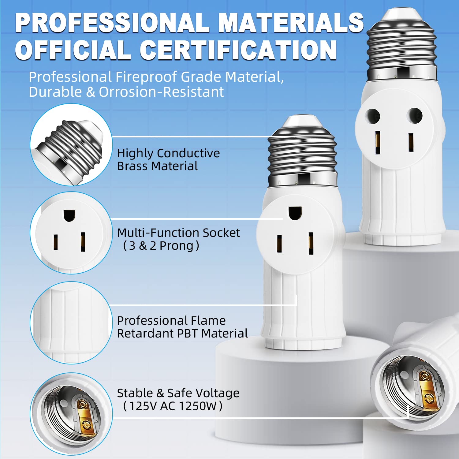Light Socket to Plug Adapter (2 Pack), 2&3 Prong Light Bulb Outlet Socket Adapter, Professional Heat-Resistant Materials Light Socket Adapter, Light Bulb Plug Adapter for Expansion Sockets - White thumbnail
