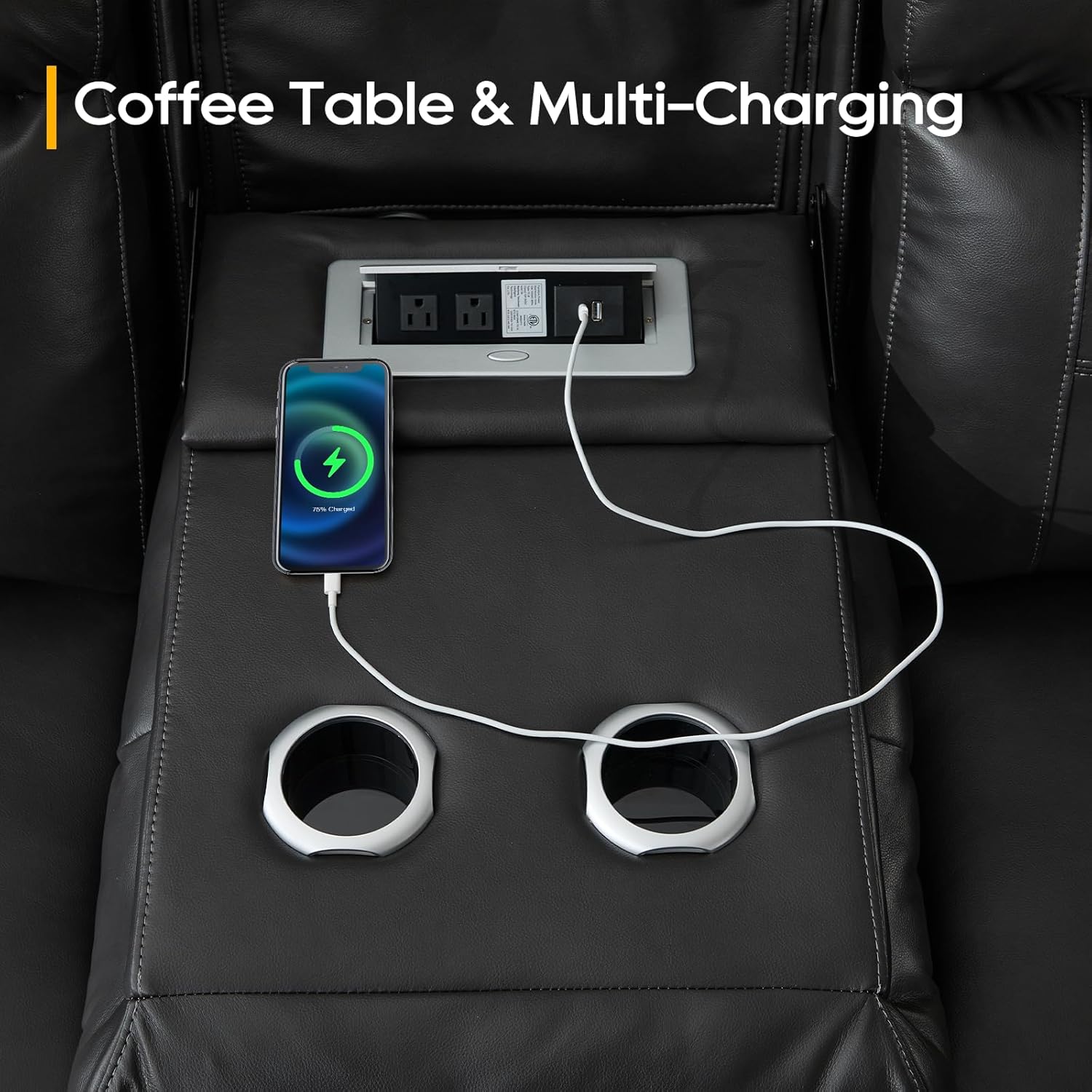 Power Recliner Sofa, Home Theater Seating with Adjustable Headrest, Blue LED Lighting, Reclining Loveseat, Flip-Up Backrest Storage, Multi-Port Charger, Cup Holder, USB