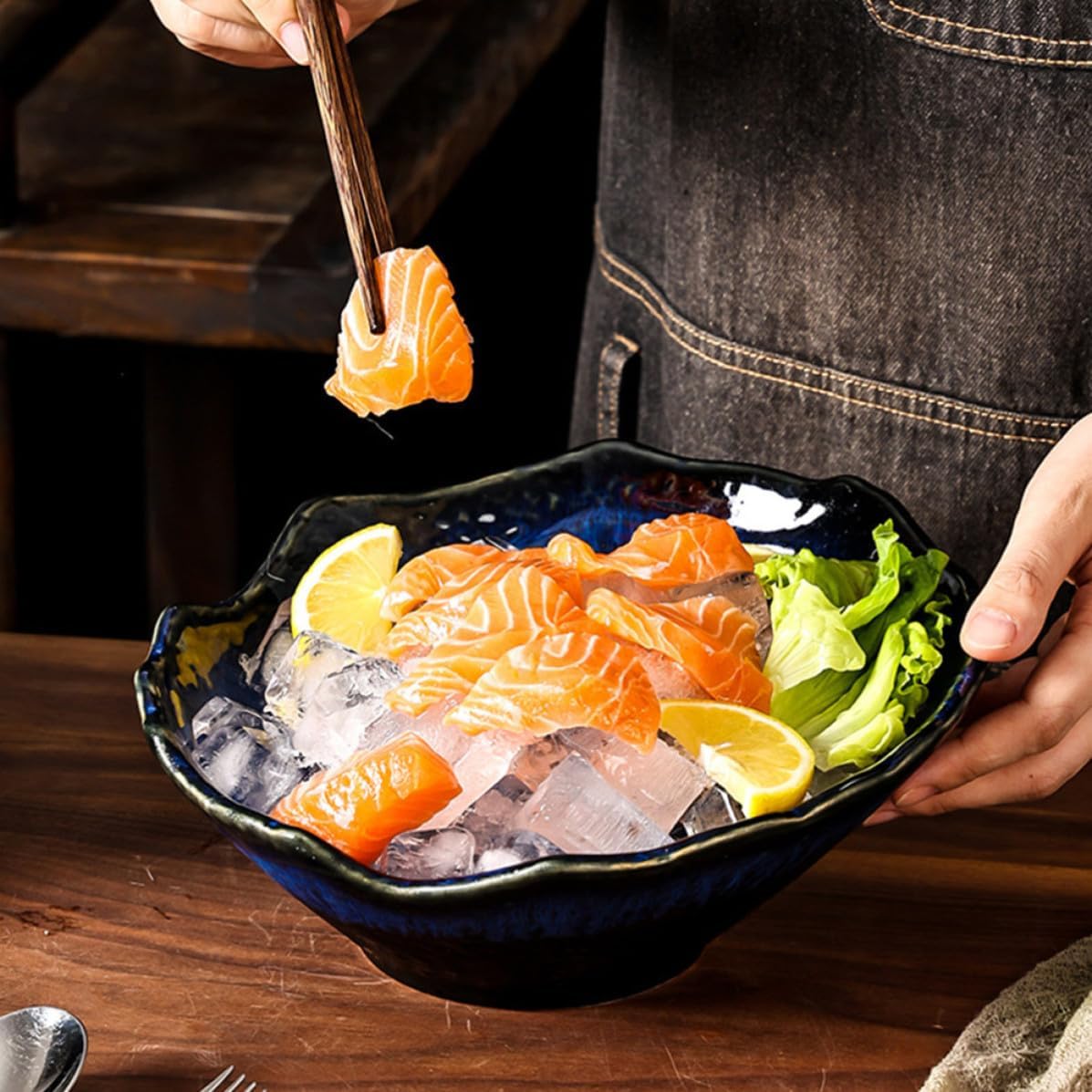 ULTECHNOVO Blue Ceramic Japanese Style Soup Bowl for Salad and Sashimi