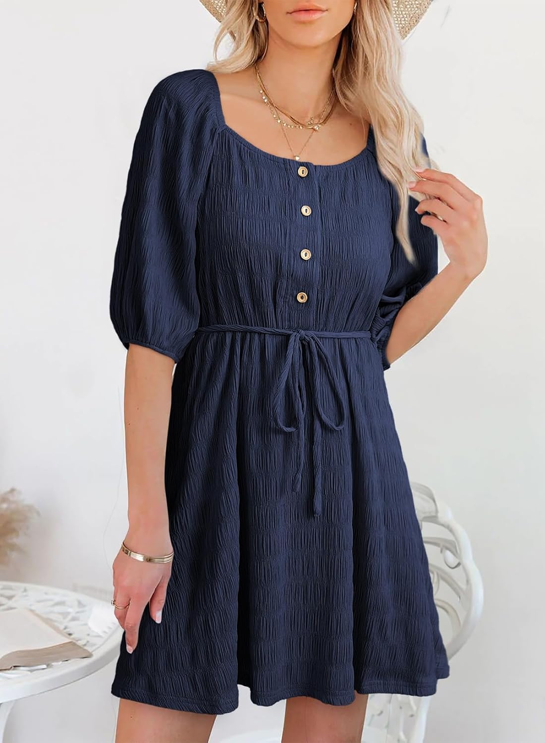 Dokotoo Women's Square Neck Puff Sleeve Dress Casual Summer A-Line Mini Dress with Belt - Image 2