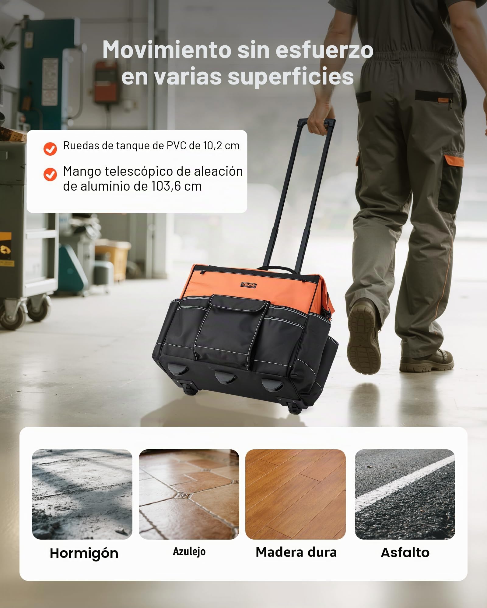 VEVOR Mochila con Ruedas de 510 x 310 x 450 mm Capacidad de Carga de 50 kg, Mochila de Herramientas Resistente con 27 Bolsillos, Asa Telescópica Ajustable y Base Estable para Construcción y Mecánico