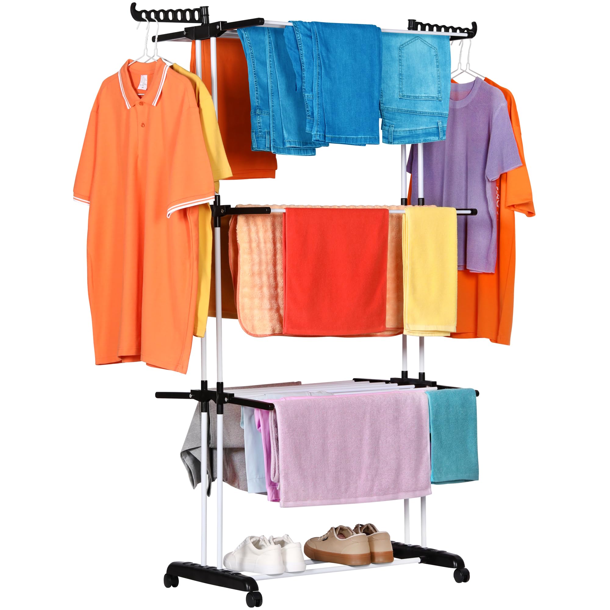 NK Stendino Verticale Salvaspazioa 4 Livelli - 6 Ripiani Retrattili + 2 Ali Laterali con Supporto per Grucce + Scarpiera, Ruote a 360°, Colore Nero e Bianco (19m di Biancheria)