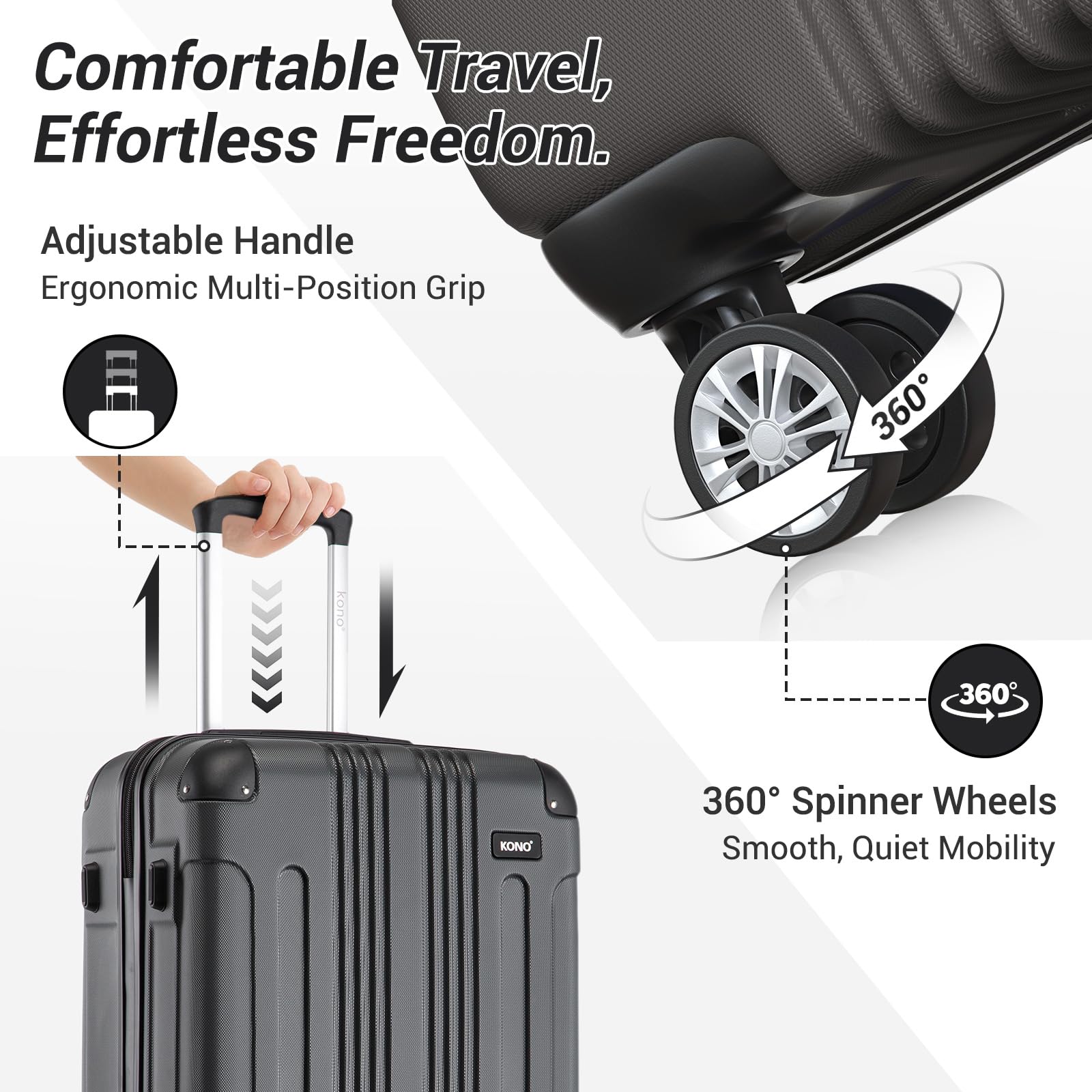 KONO Valigia Bagaglio a Mano 55x35x20cm Rigida e Leggera Trolley Piccolo in ABS con 4 Ruote Valigie da Viaggio, Grigio