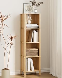 Bookshelf, Modern 4-Tier Bookcase, Open Storage Book Shelf, Small Narrow Bookshelves for Living Room, Home Office, Bedroom, Natural