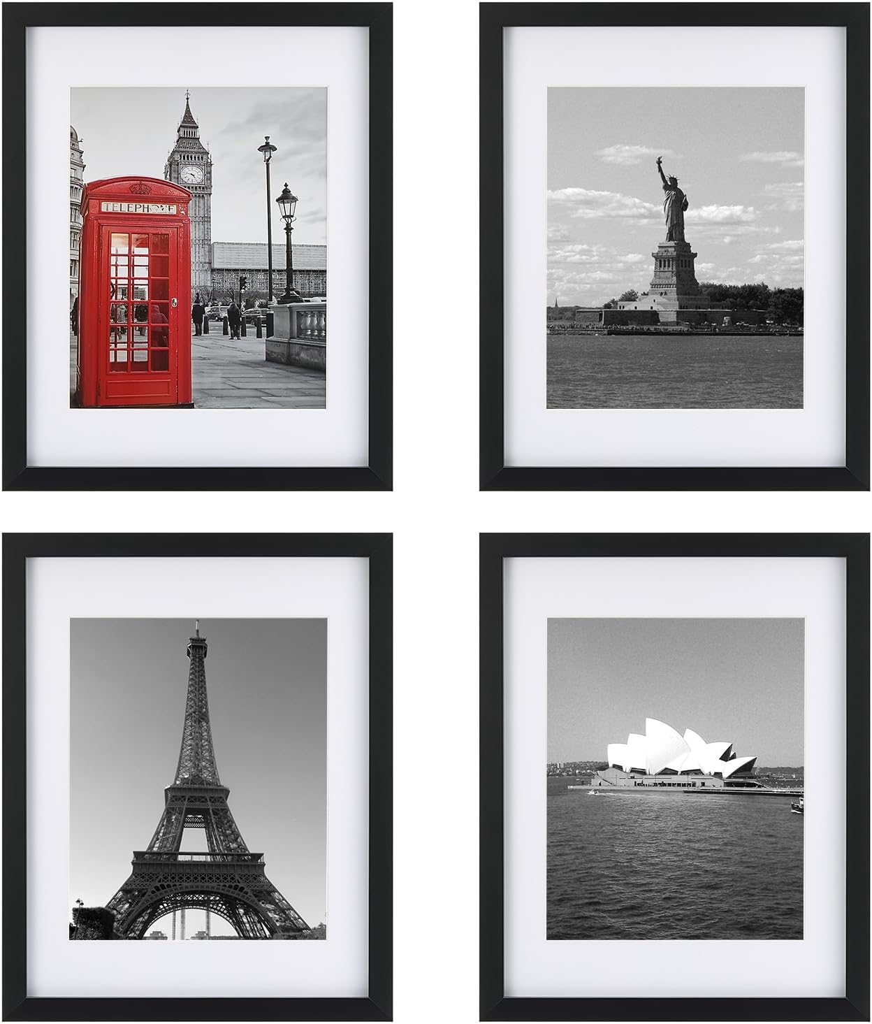 ONE WALL 11x14 Picture Frame Set of 4, Display Pictures 8x10 or 5x7 with Mats or 11x14 Without Mat, Black Wood Frame with Tempered Glass for Wall and Tabletop - Mounting Material Included