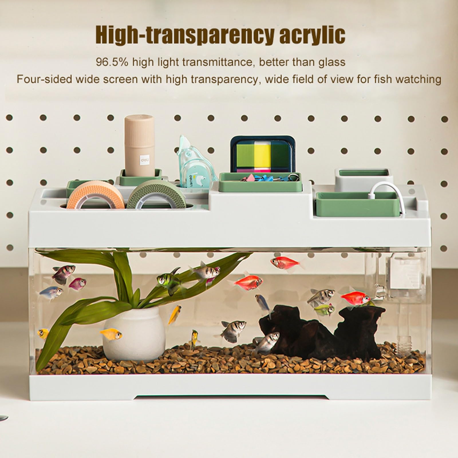 Acquario da tavolo, acquario stretto da 3 a 4 litri con filtro pompa silenzioso e luci a LED, piccolo acquario in acrilico con 3 interfacce di tipo C, per piccoli pesci tropicali, guppy, pesci rossi(W