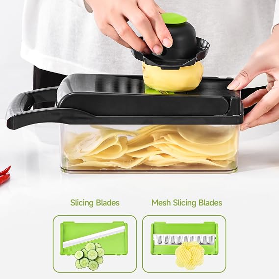 15-in-1 Vegetable Slicer,Mandoline Slicer - Multi-Function Kitchen Vegetable & Fruit CutterOnion Potato SaladCutter with Drain BasketHand Guard and Cleaning Brush (Gray-Green)