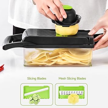 15-in-1 Vegetable Slicer,Mandoline Slicer - Multi-Function Kitchen Vegetable & Fruit CutterOnion Potato SaladCutter with Drain BasketHand Guard and Cleaning Brush (Gray-Green)