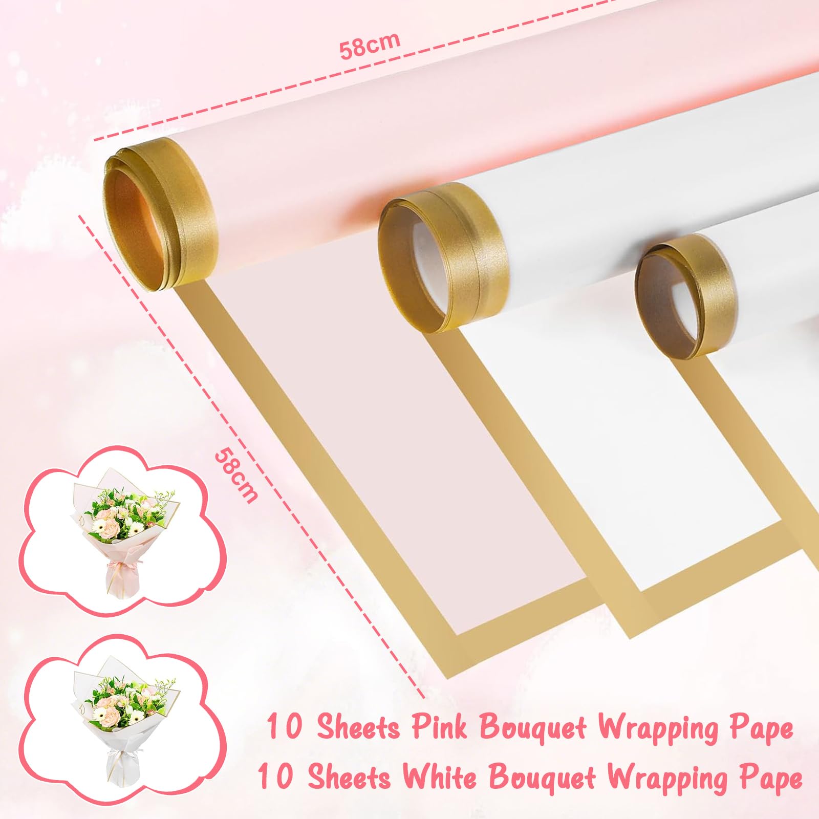weiclianhp 20 Hojas Papel de Envolver Flores Impermeable con Borde Dorado, 10 Blanco + 10 Rosa, 58x58 cm, para Ramos de Flores, Regalos de Cumpleaños y Eventos