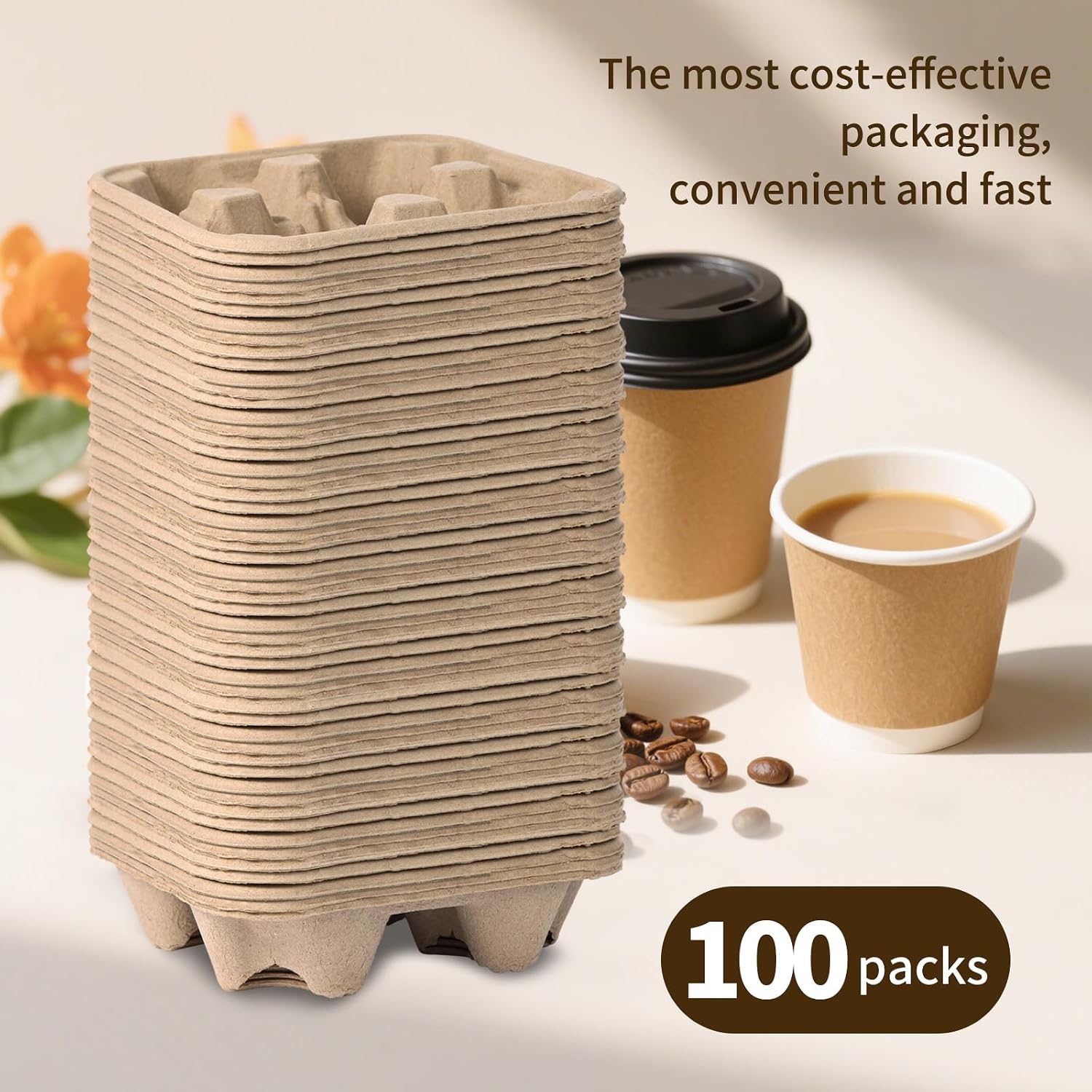 Disposable 4-Cup Drink Carrier Tray, Heavy-Duty & Compostable Pulp Fiber Holder for Coffee, Boba, Smoothies, Soda - Fits 8oz to 32oz Cups, Ideal for Restaurants, Cafes, Delivery & Takeout (100 Count)