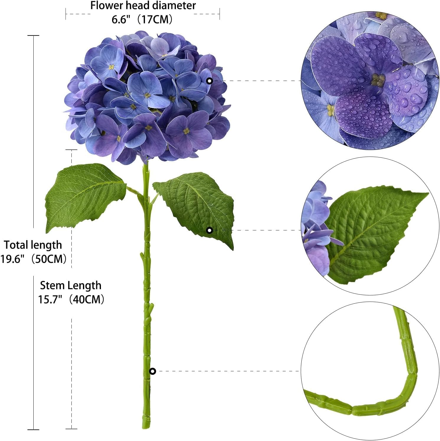 4PCS 19.6Inch Violet Blue Faux Hydrangea Artificial Flowers Silk Latex Realistic Full Large Hydrangeas Spring Long Stem Leaves Bouquet Plants for Tall Vase Table Garden Arrangements - Image 3
