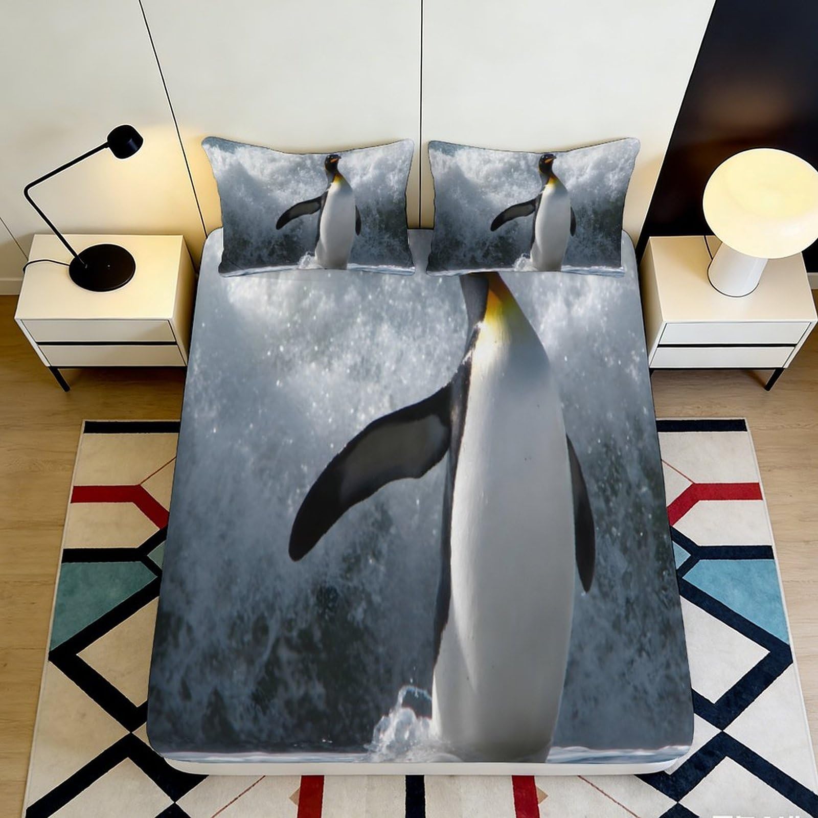 Pnayamiorkfel Style-3 3D Printed Penguin Ocean Fitted Sheet Microfiber Soft Decorative Bed Cover For Bedroom Guest Room Dorm Mattress Protection 90X200x25cm