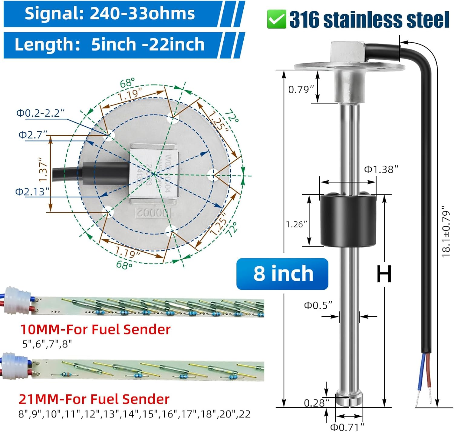 MH Fuel Sending Unit and Gauge 8"(200mm) 316 Stainless Steel Fuel Tank Level Sender 240-33ohm for AUTO Car Truck Boat Marine(Black)